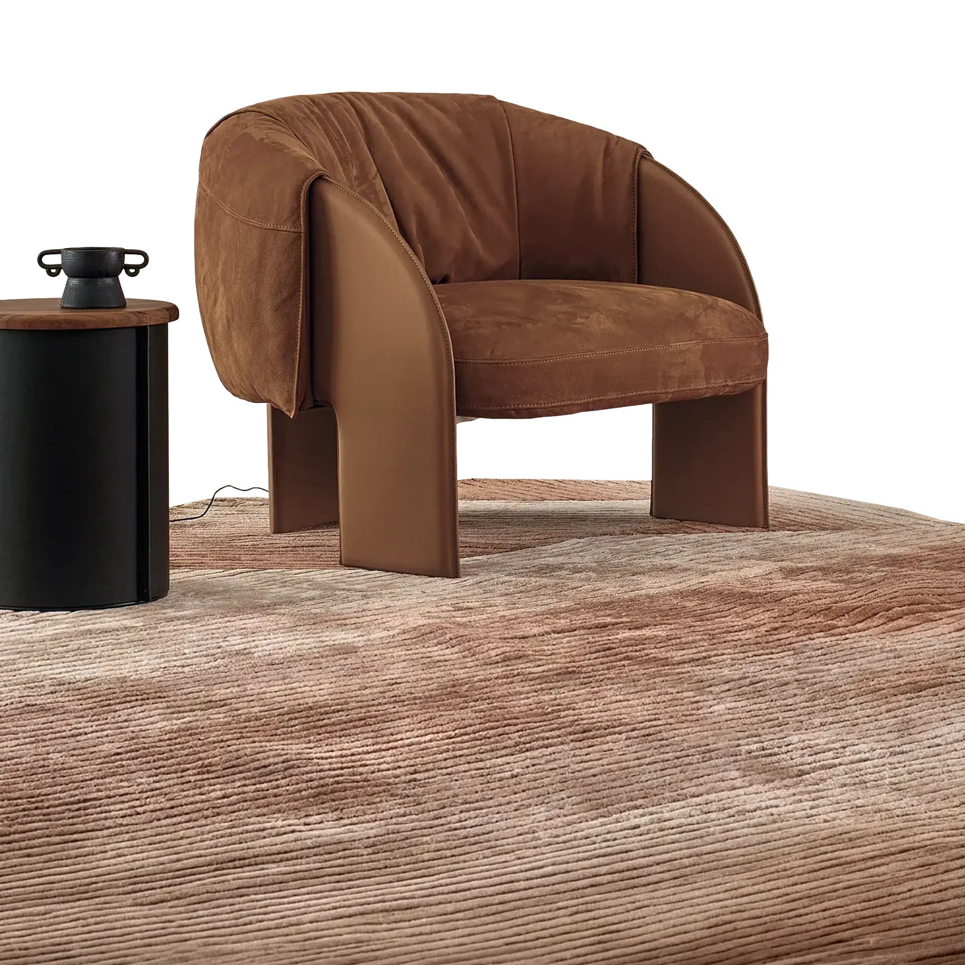 Sklar Furnishings armchair with brown suede upholstery in a modern room.