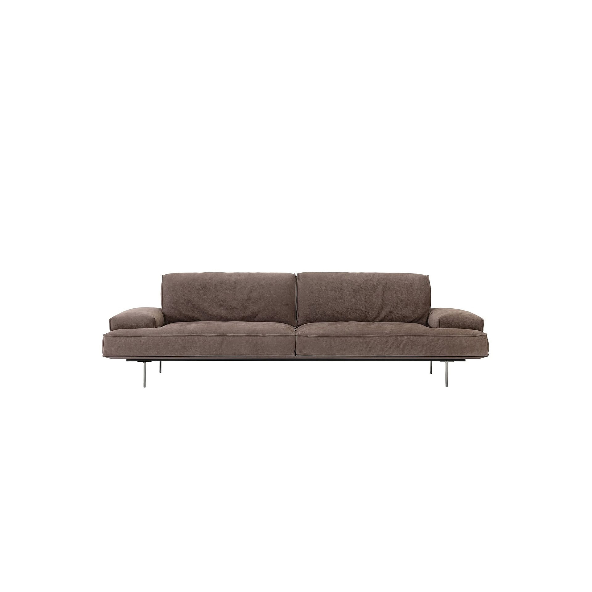 Mid-century modern sofa with plush taupe cushions and sleek black metal legs, perfect for stylish living rooms.