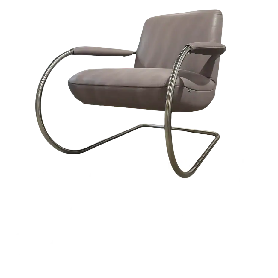 Light grey leather armchair with a chrome frame against a black background, with large white text 'SALE' at the bottom.