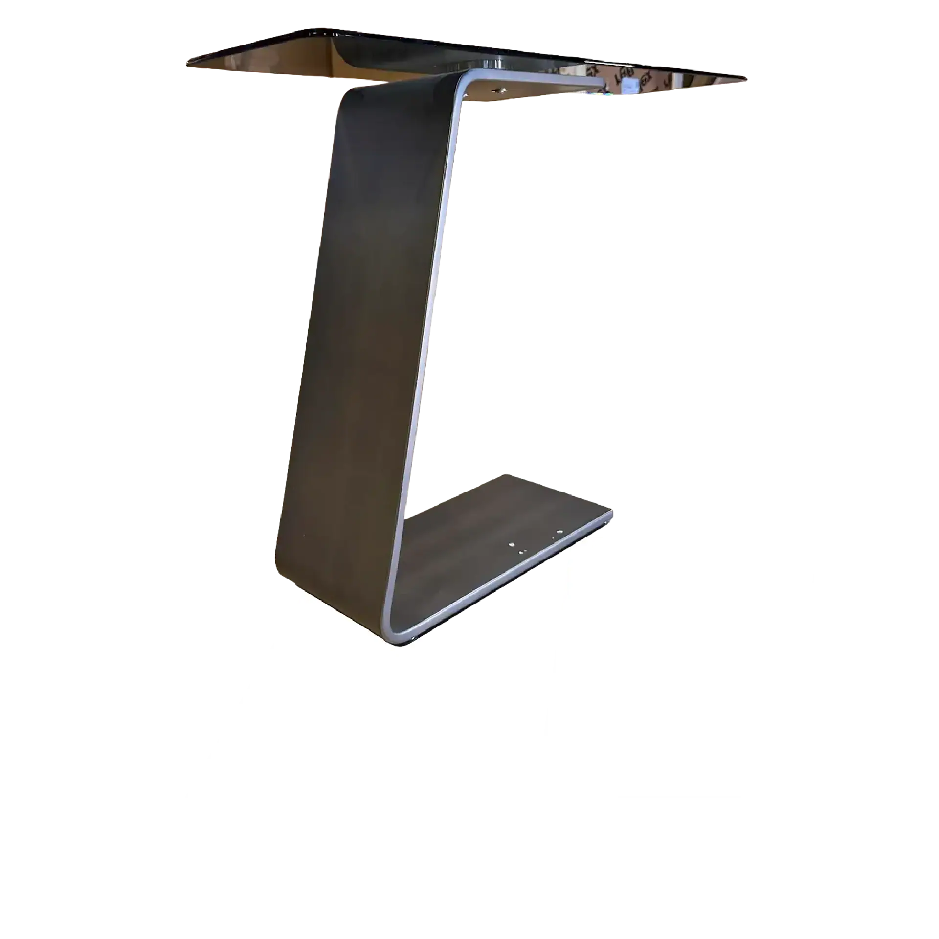 A C-shaped metal side table against a black background with the word 'SALE' in large white letters across the bottom.