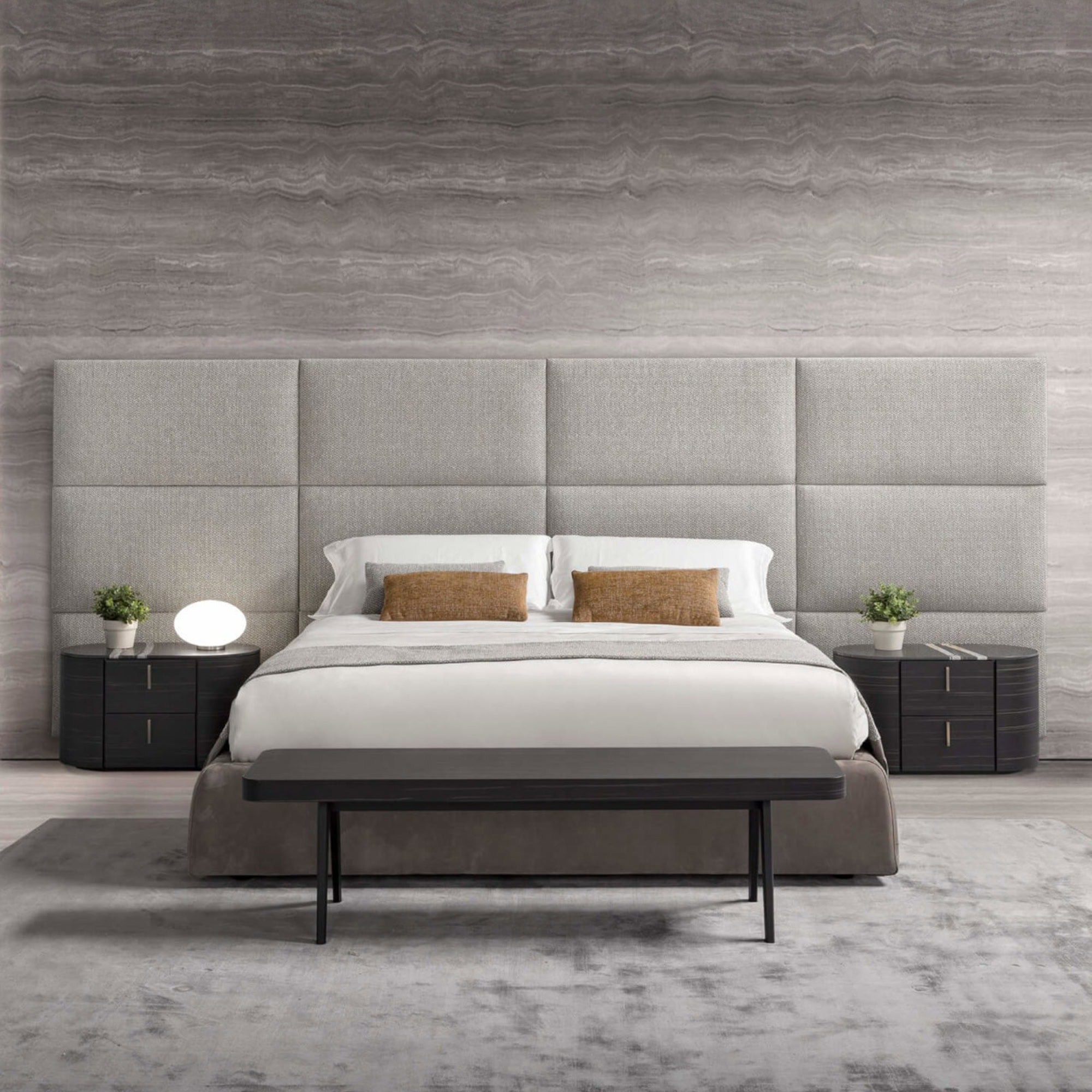 Boiserie Bed with cream fabric panels and modern low platform base in a contemporary bedroom setting.