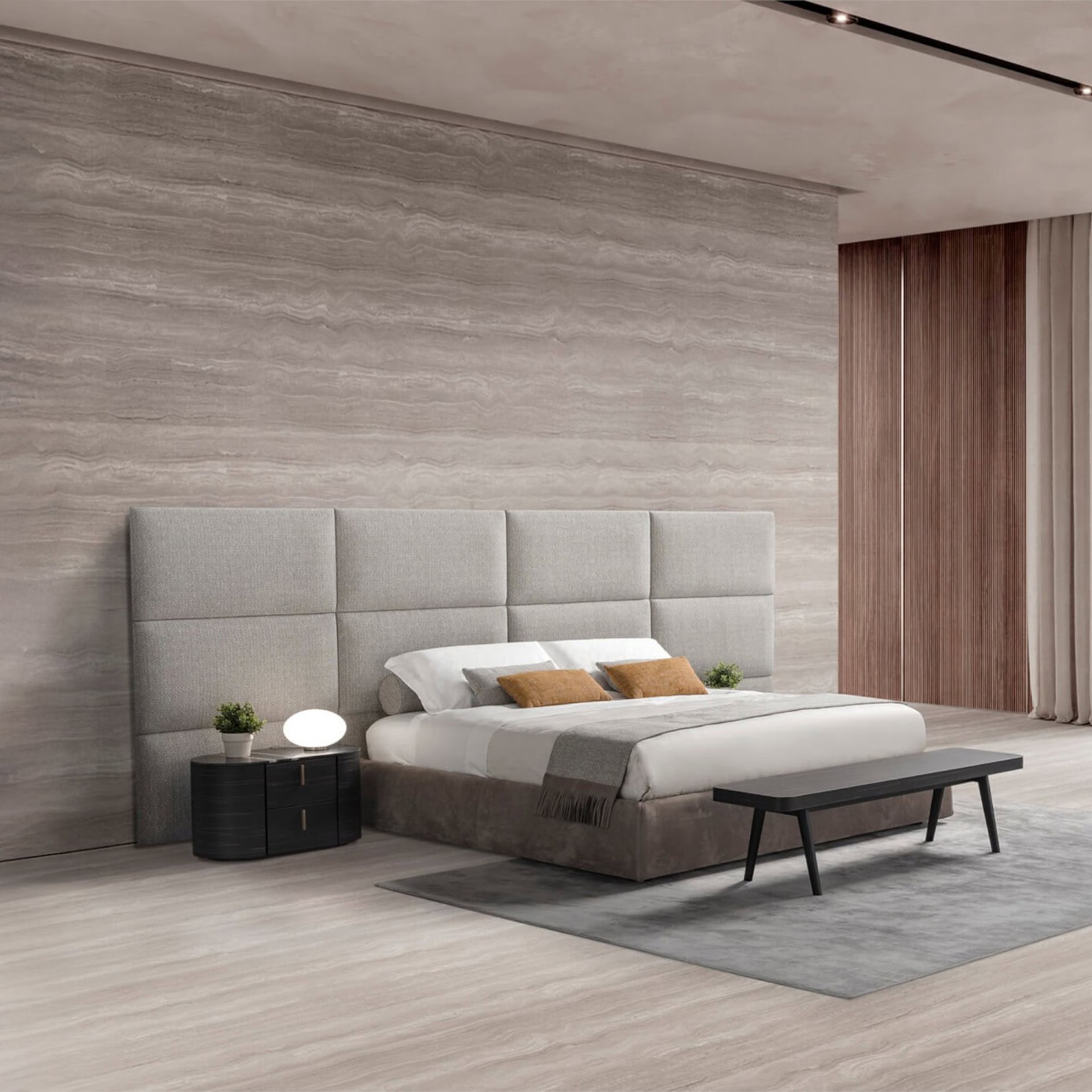Boiserie upholstered panel bed shown in a minimalist bedroom interior with clean lines and warm tones.