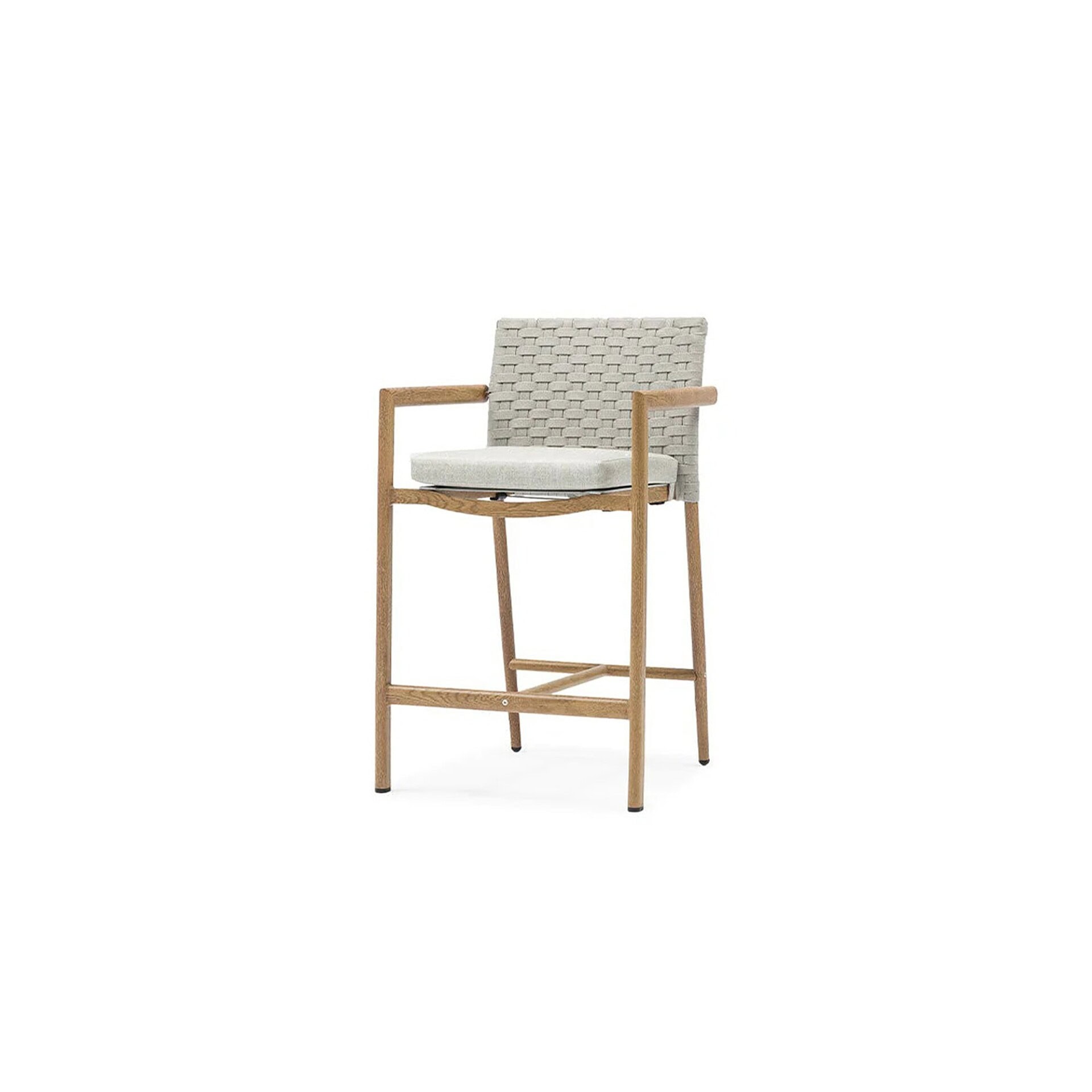 Single Lounge Bar Stool with woven backrest, cushioned seat, and oak-finish aluminum frame on a white background.