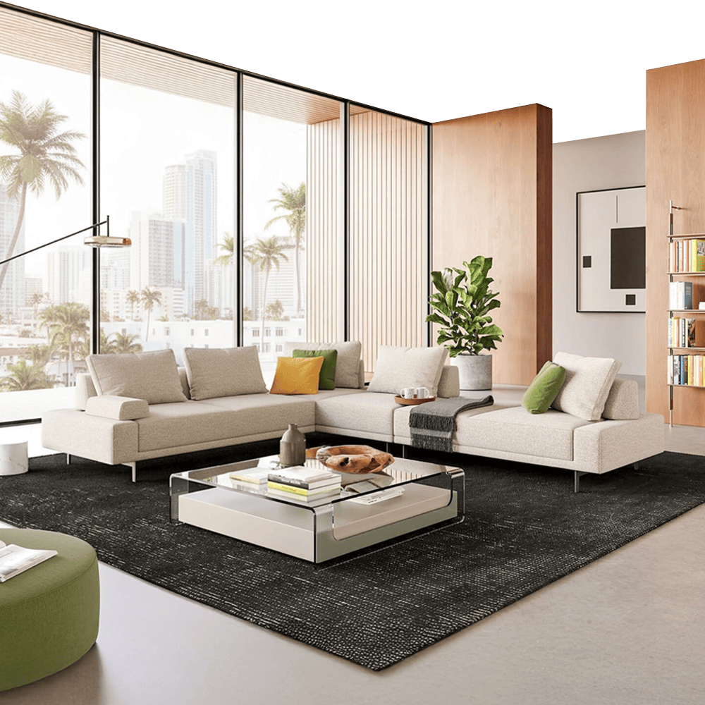 Stylish living room featuring contemporary sectional furniture and natural light.