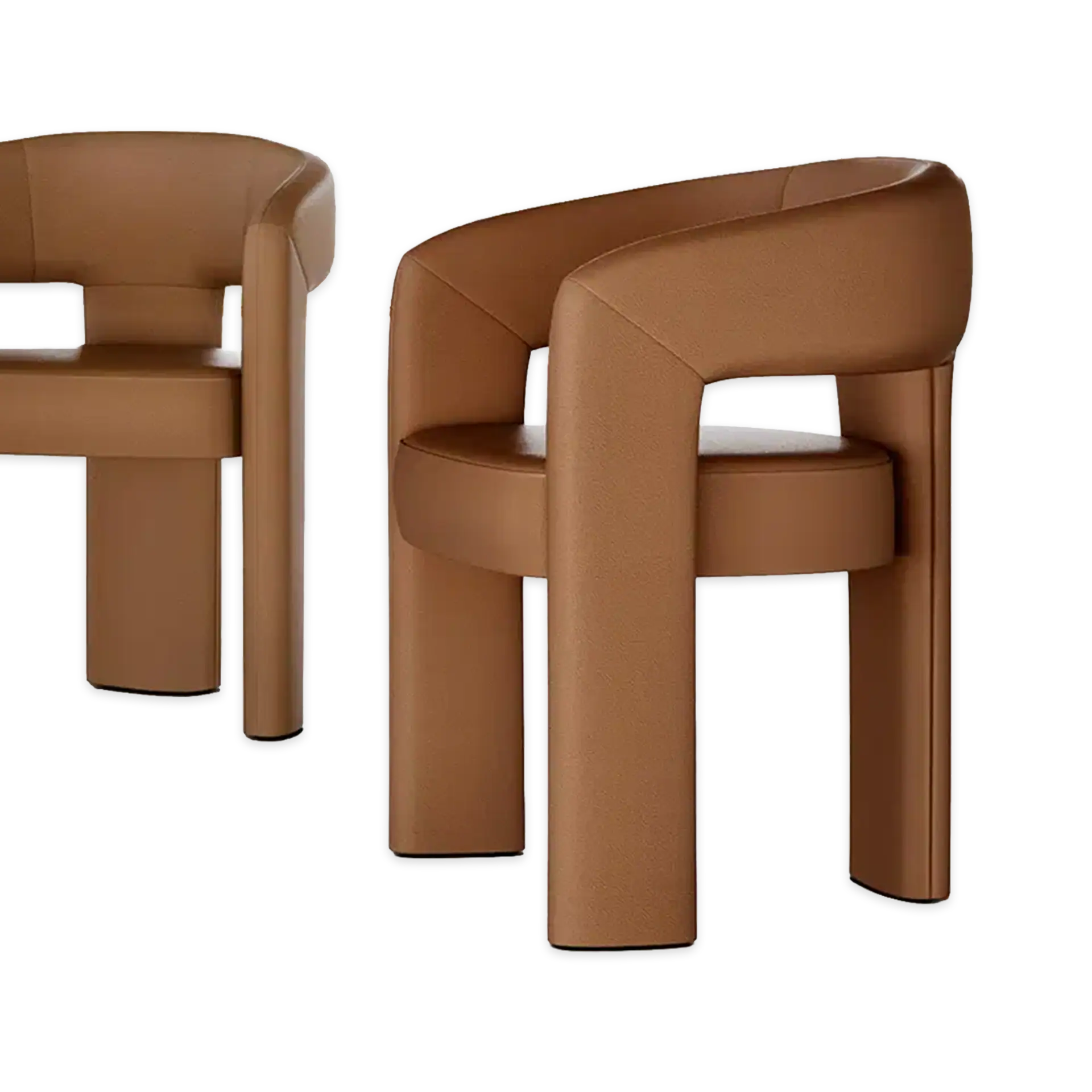 Stylish brown leather chairs with unique curved design for modern interiors.