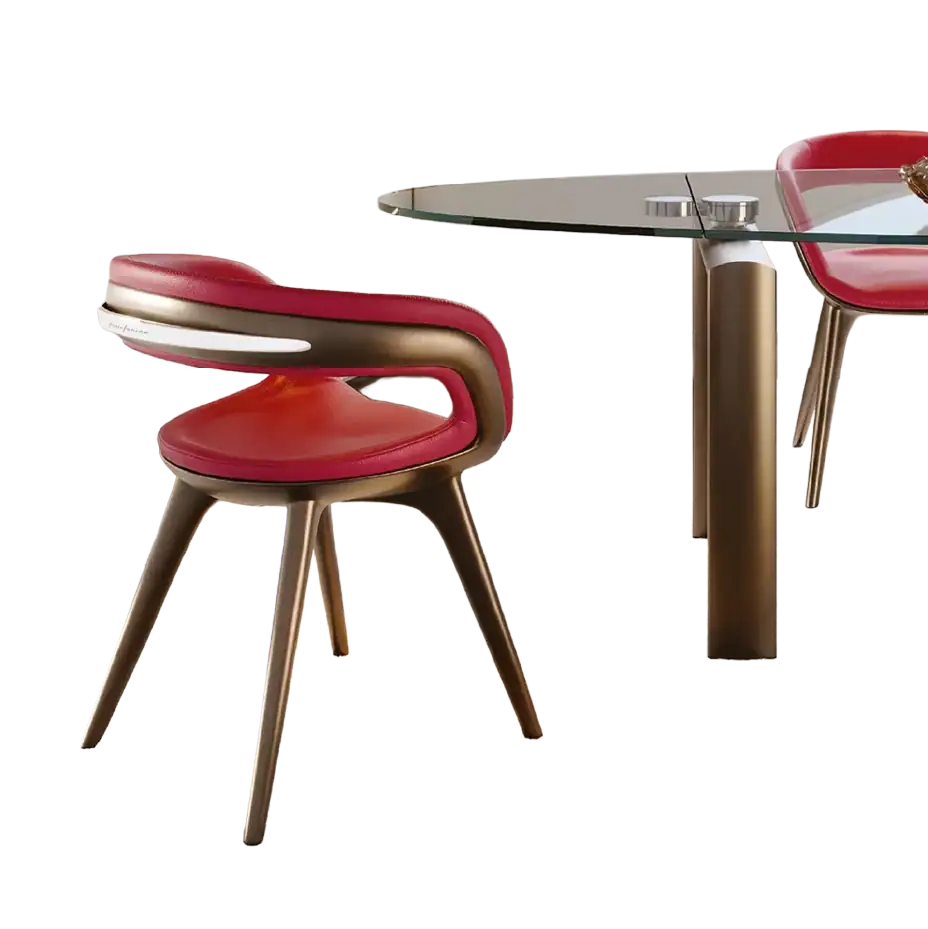 Red and beige upholstered dining chair with wooden legs, featured in Sklar Furnishings' 2025 collect.