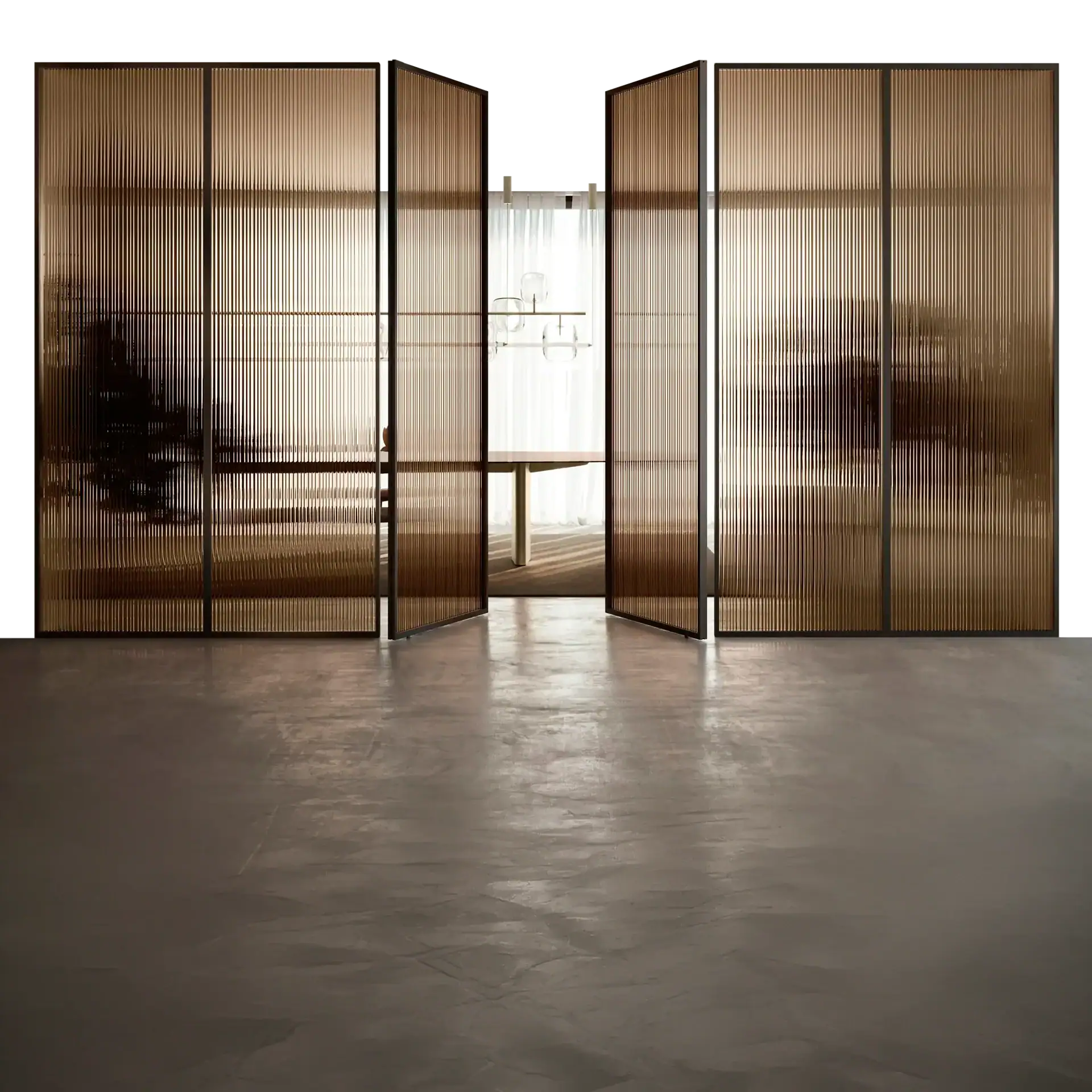 A modern room divider with amber-tinted fluted glass panels framed in dark metal. Two central panels are open, revealing a light-filled room with a table, a modern light fixture, and sheer curtains. The foreground is a dark, polished concrete floor.