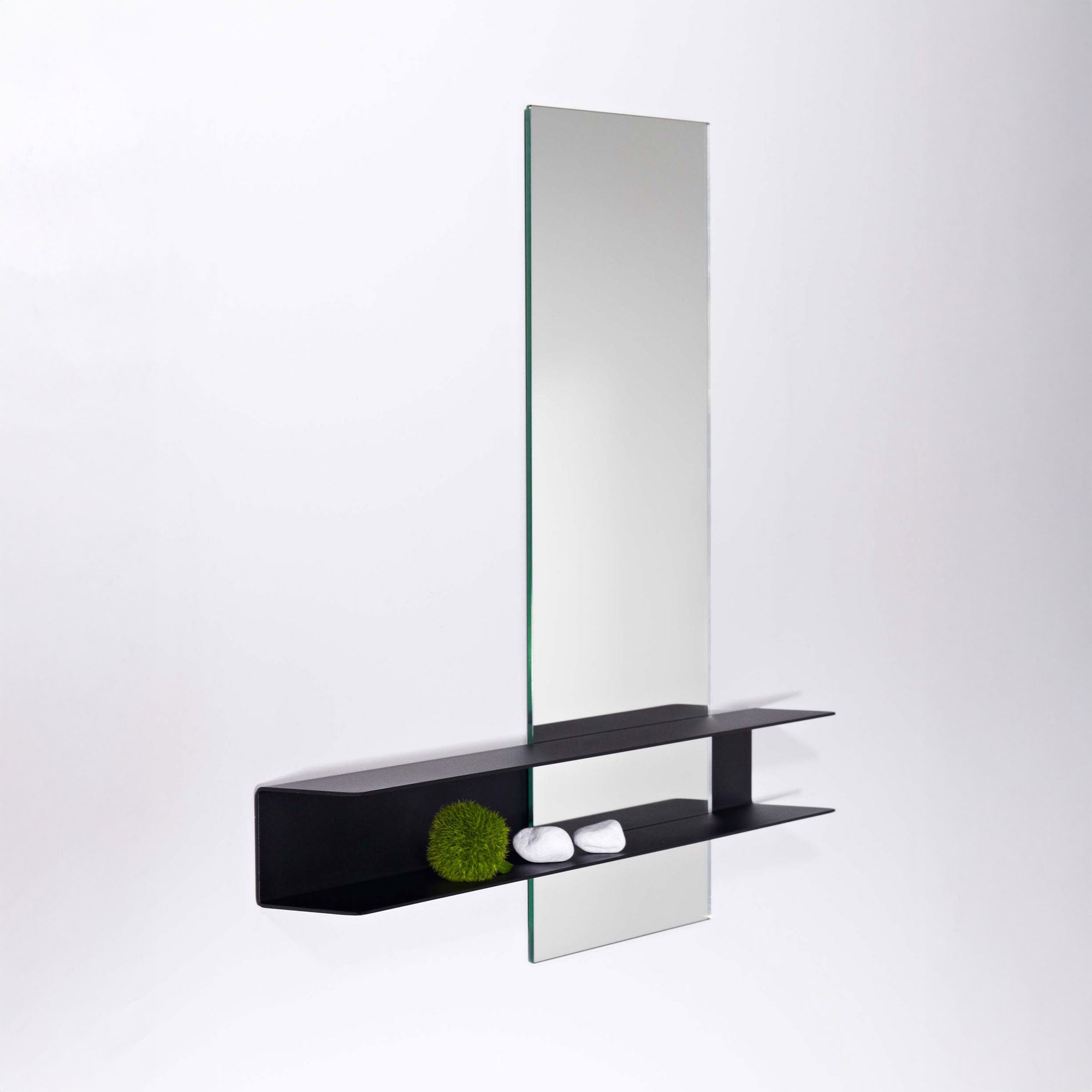 Slide Double Mirror with black metal shelf by Deknudt Mirrors.