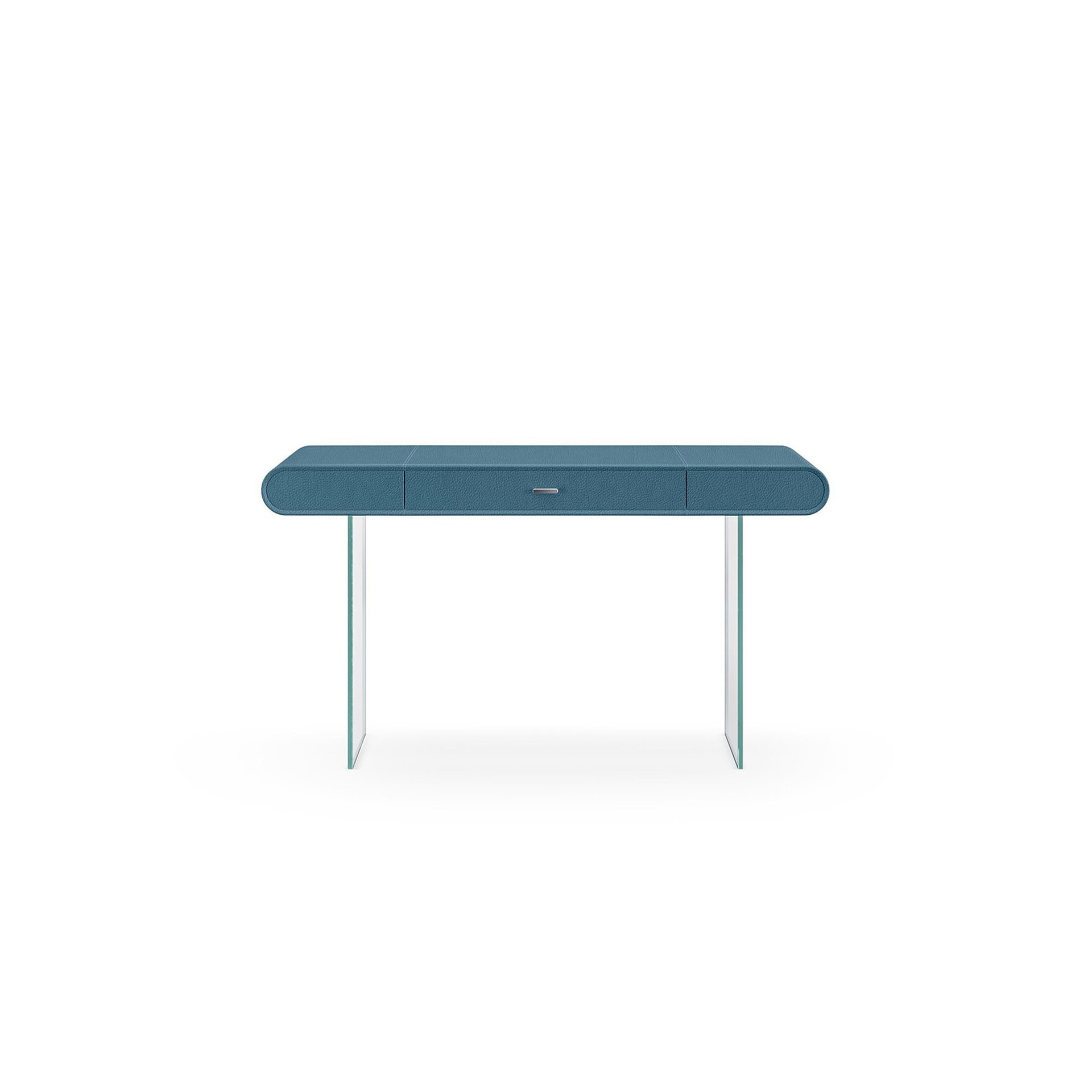 Front view of the Bice Leather Writing Desk showing leather upholstered top and transparent glass legs.