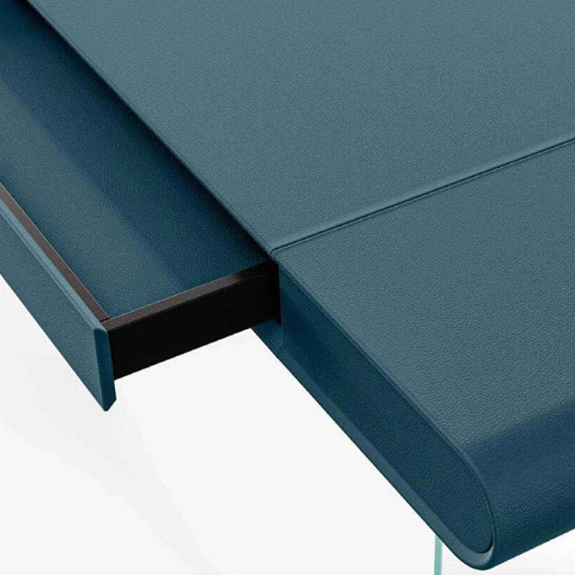 Close-up detail of the Bice Leather Writing Desk with central drawer.