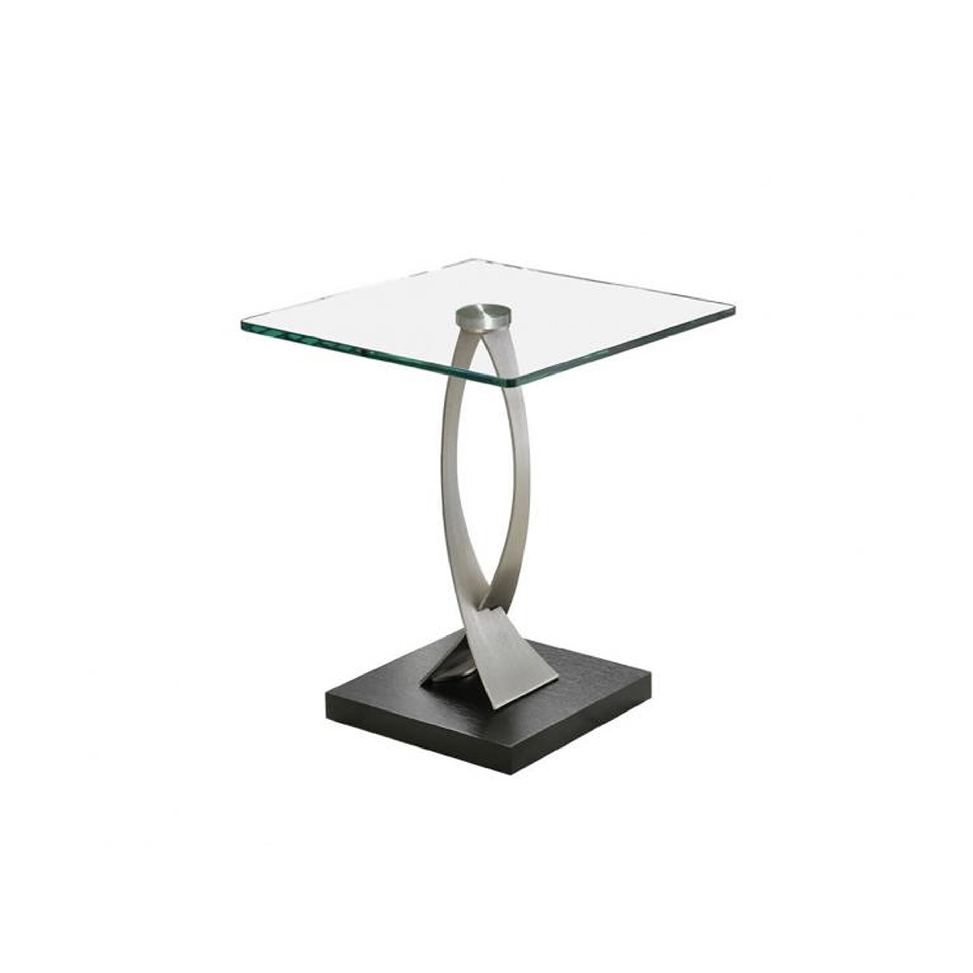 René Accent Table with clear glass square top, brushed steel sculptural base, and black pedestal support.