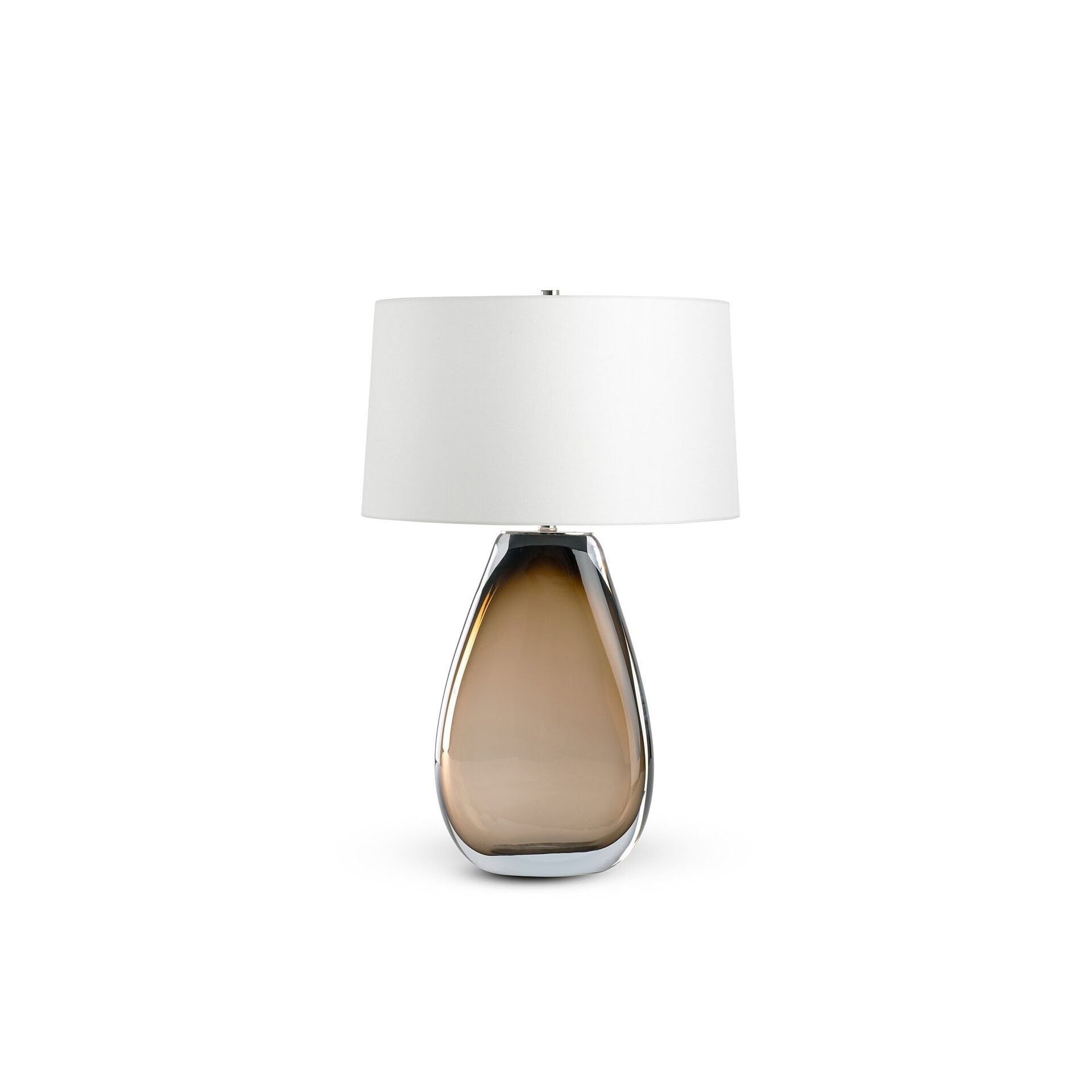 Albion Table Lamp with beige glass base and oval off-white linen shade, front view on white background.