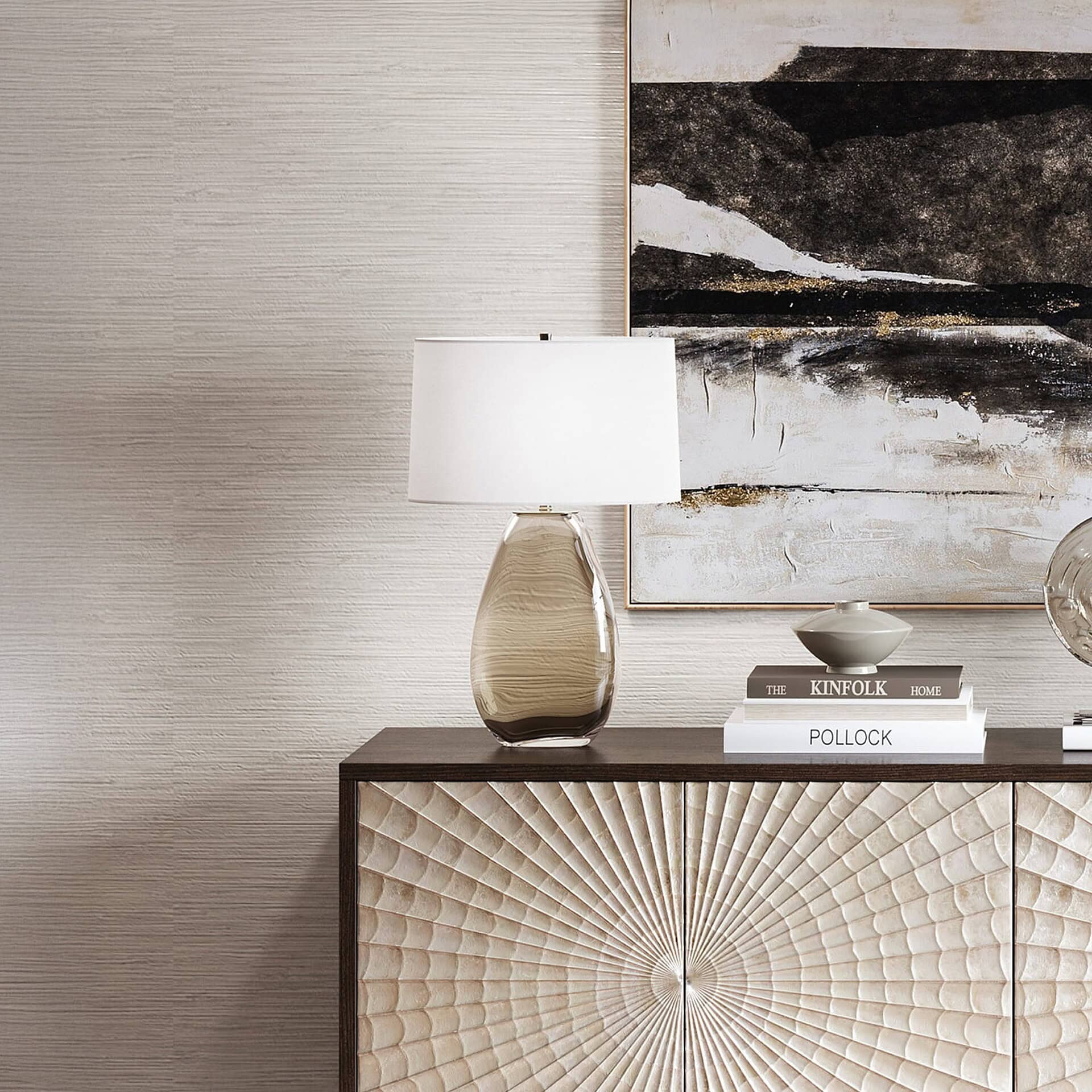 Albion Table Lamp with beige glass base and linen shade styled on a modern console table.