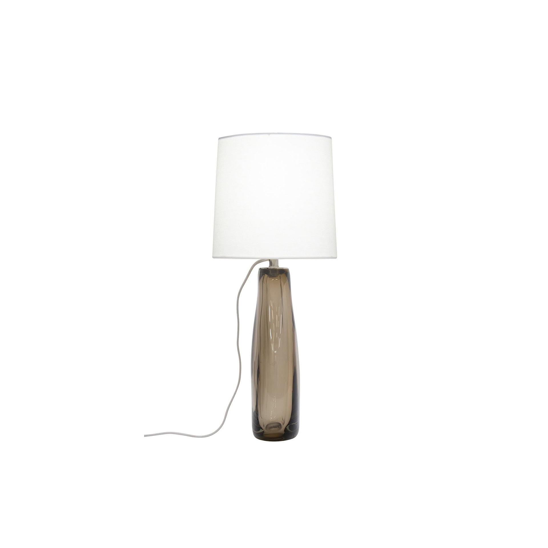 Albion Table Lamp with beige glass base and linen shade, angled view showing cloth cord.