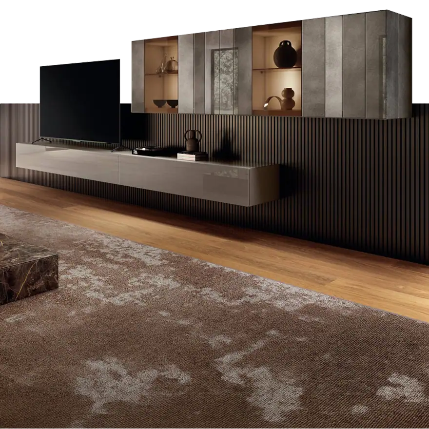 Modern wall-mounted TV console with open shelving for stylish storage.
