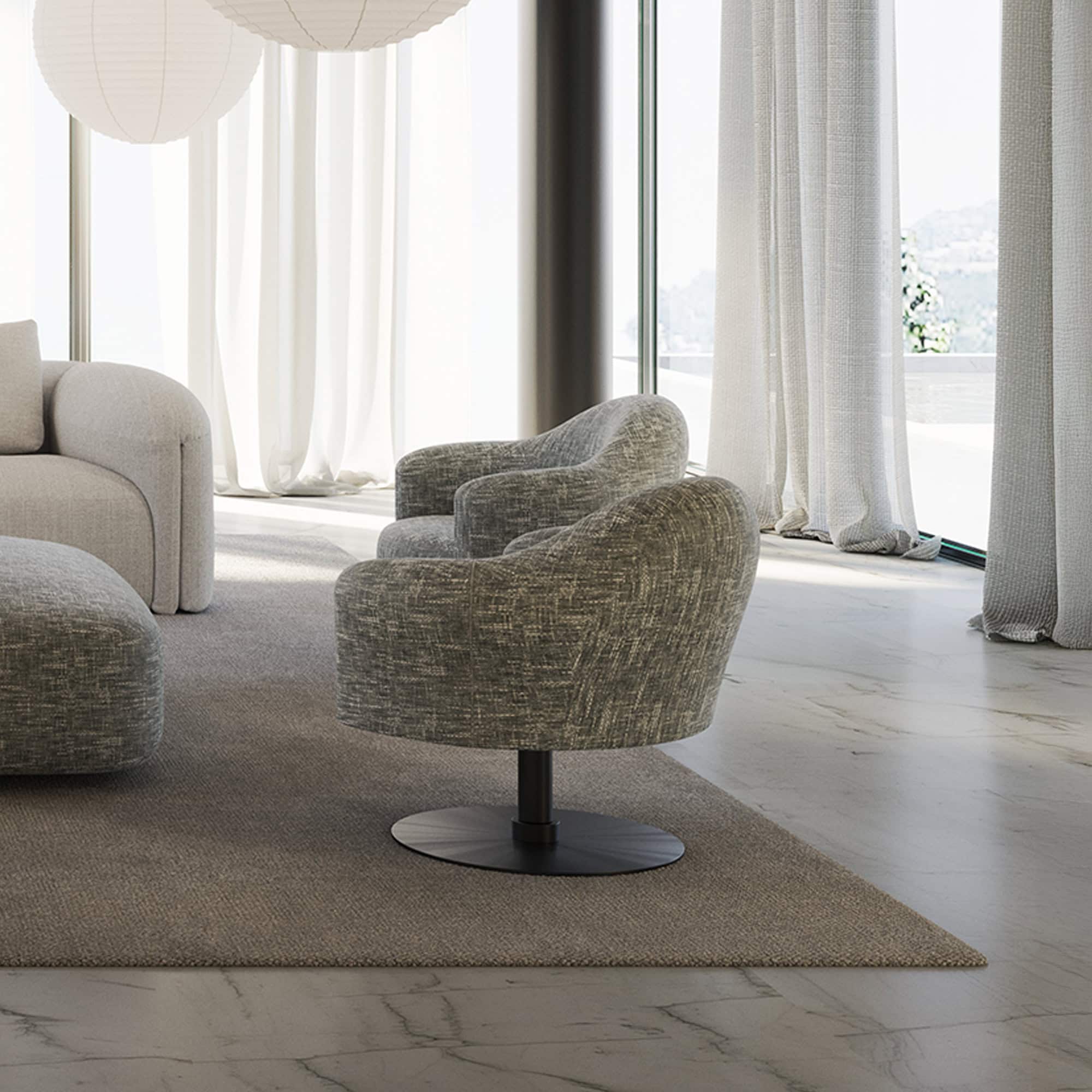Quentin Swivel Upholstered Armchair in a modern living room with floor-to-ceiling curtains and neutral decor.