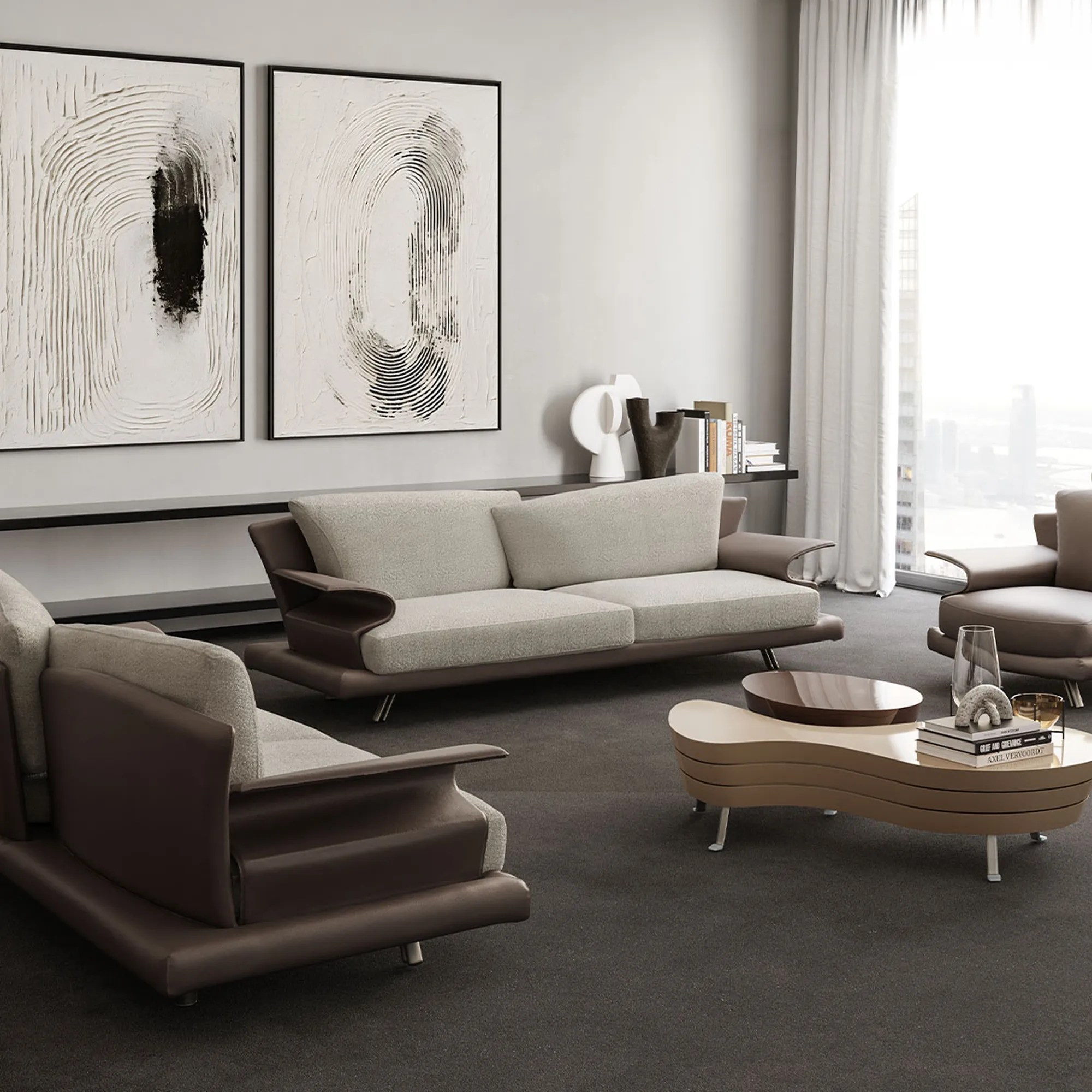 A modern living room with brown and beige sofas and armchairs, a unique wavy coffee table, abstract art on a light gray wall, and a large window overlooking a city skyline.