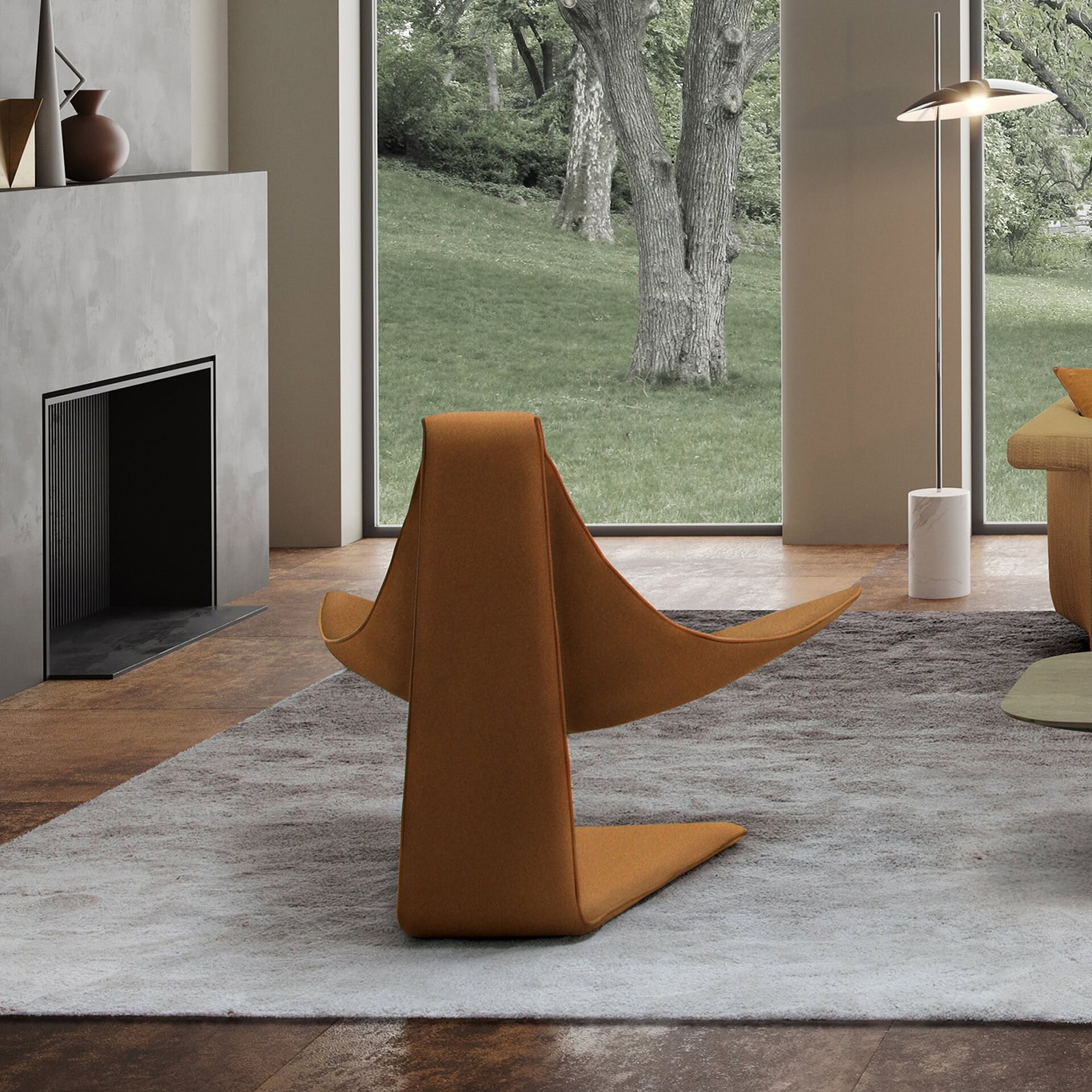 Modern orange lounge chair with sleek, contemporary design positioned in a stylish living room.