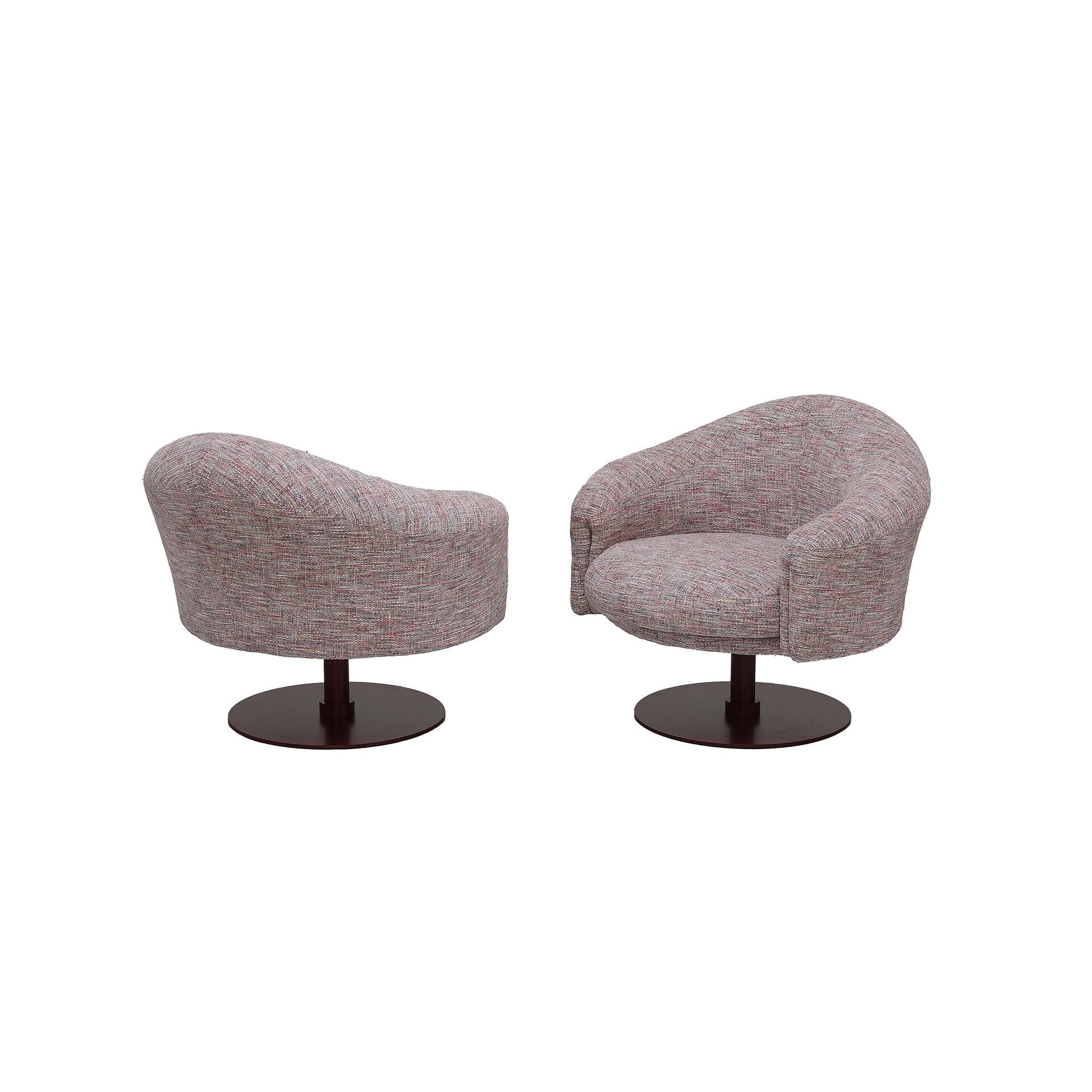 Quentin Swivel Upholstered Armchairs displayed from side and back angles, highlighting the sculptural silhouette.