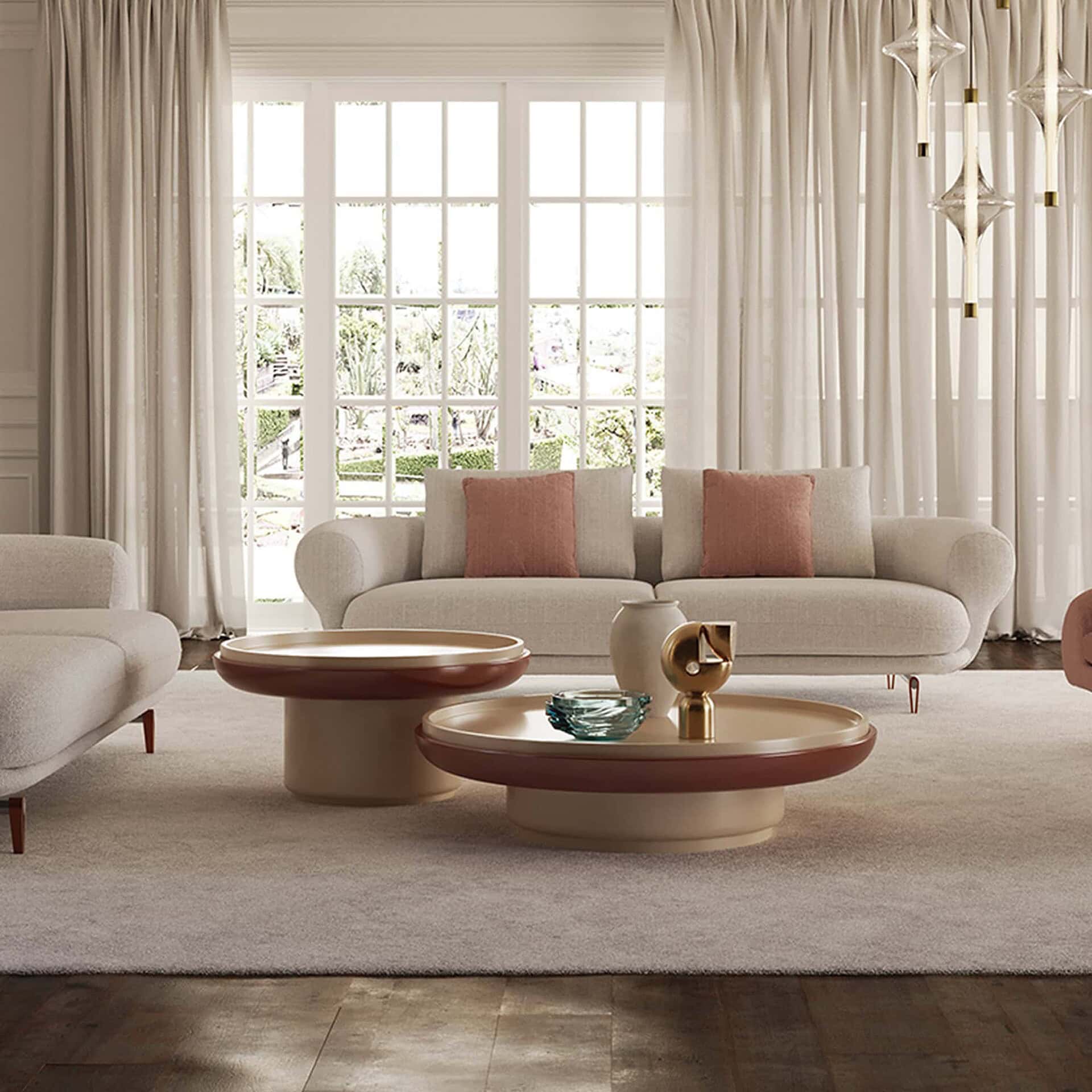 Soho sectional with rounded arms and modern design in a bright living room.