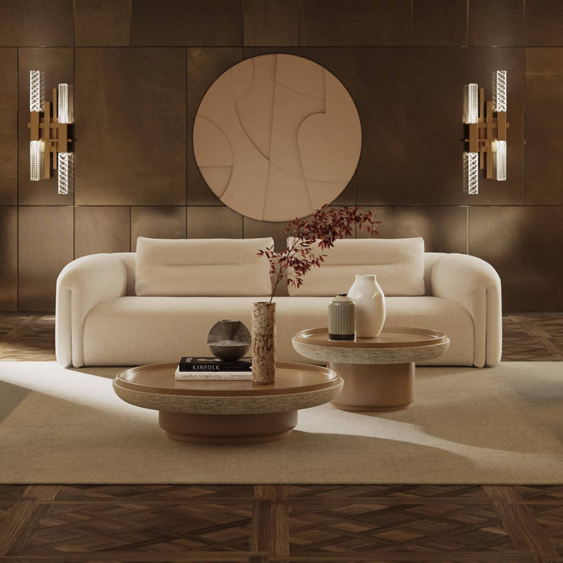 Luxurious beige sofa with modern woven wall decor and elegant coffee tables in a sophisticated living room.