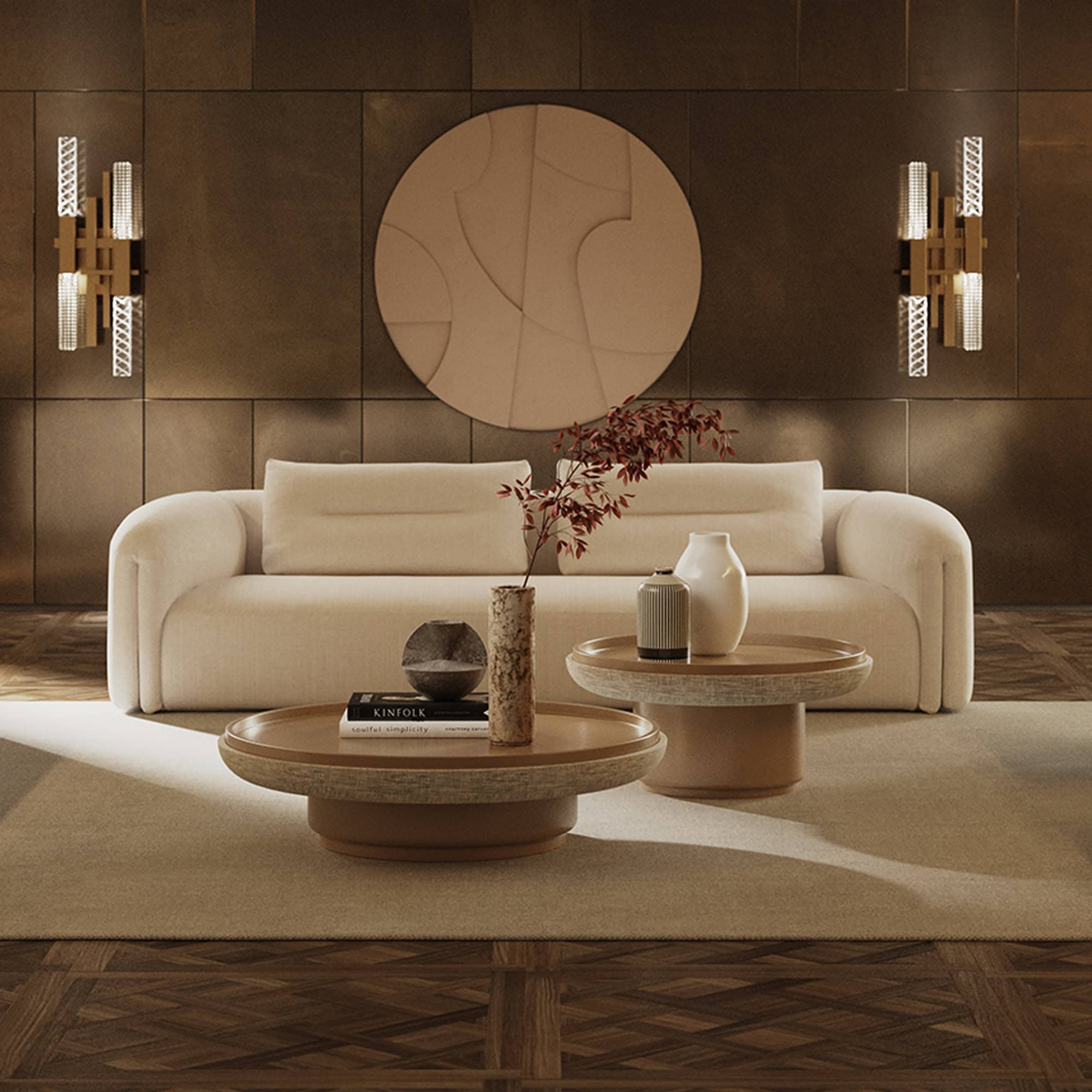 Luxurious beige sofa with modern woven wall decor and elegant coffee tables in a sophisticated living room.