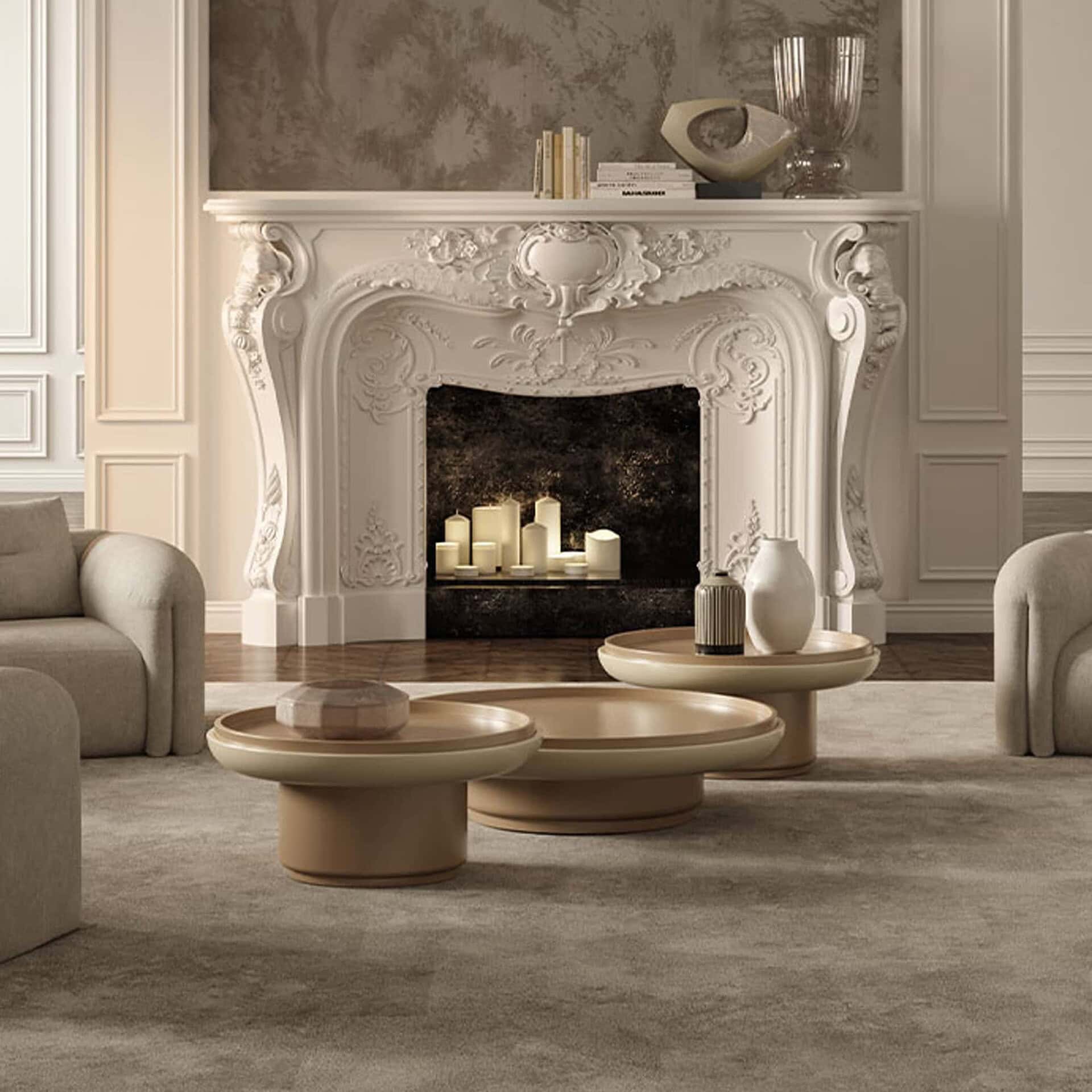 Elegant living room fireplace with ornate white mantel and modern coffee tables.