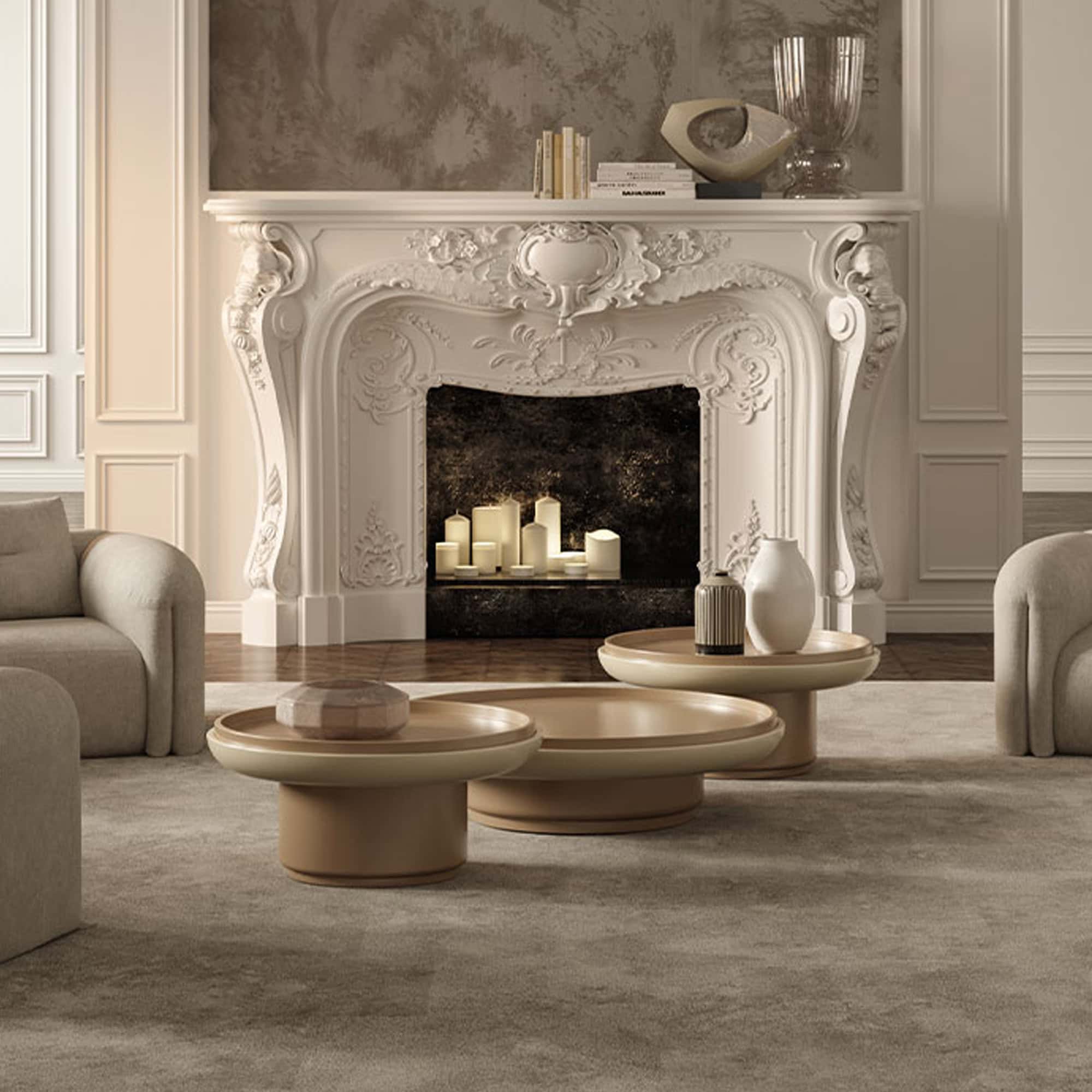 Elegant living room fireplace with ornate white mantel and modern coffee tables.