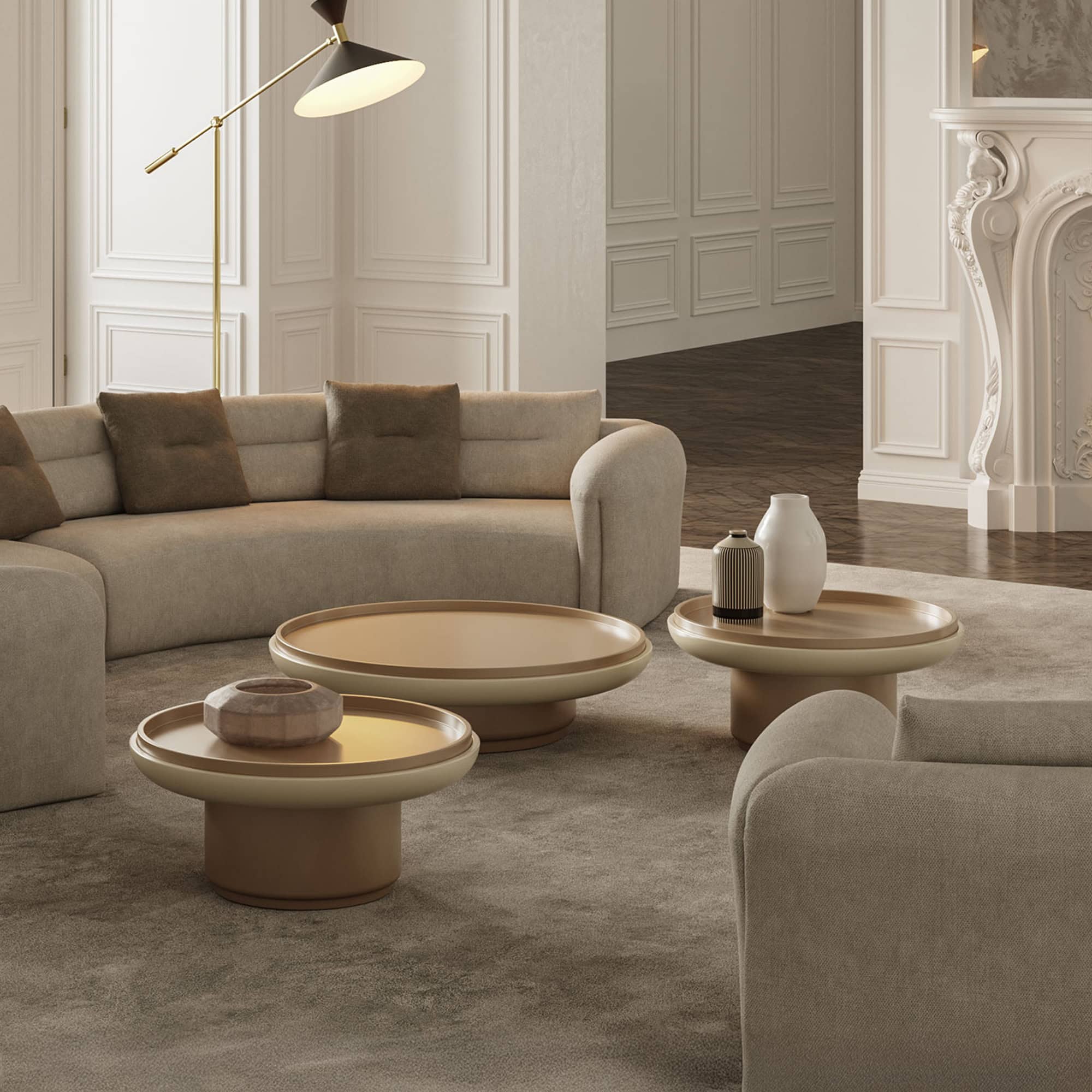 Contemporary living room with beige sectional sofa and modern coffee tables, elegant wall paneling.