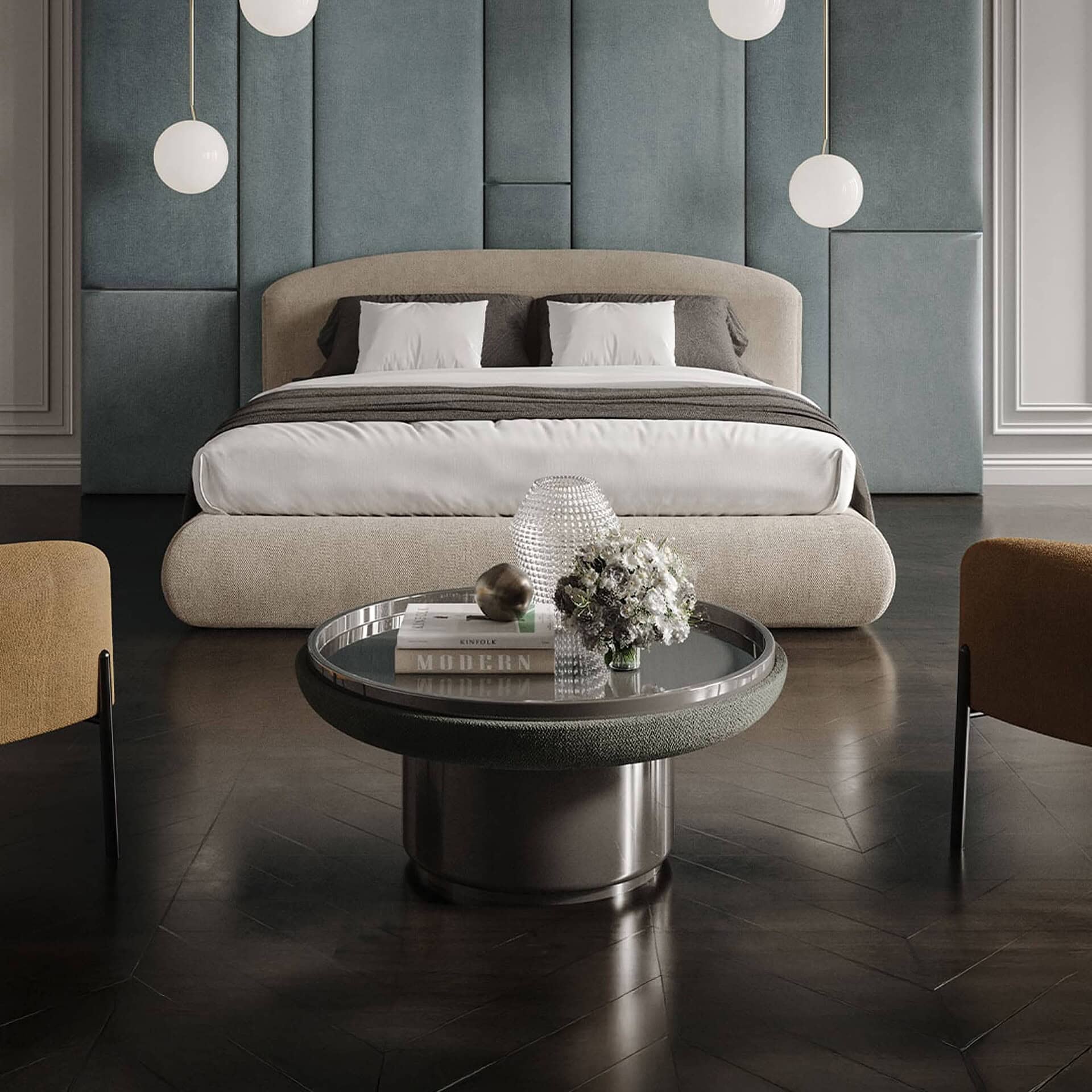 Luxury modern bedroom with upholstered bed and stylish pendant lighting.