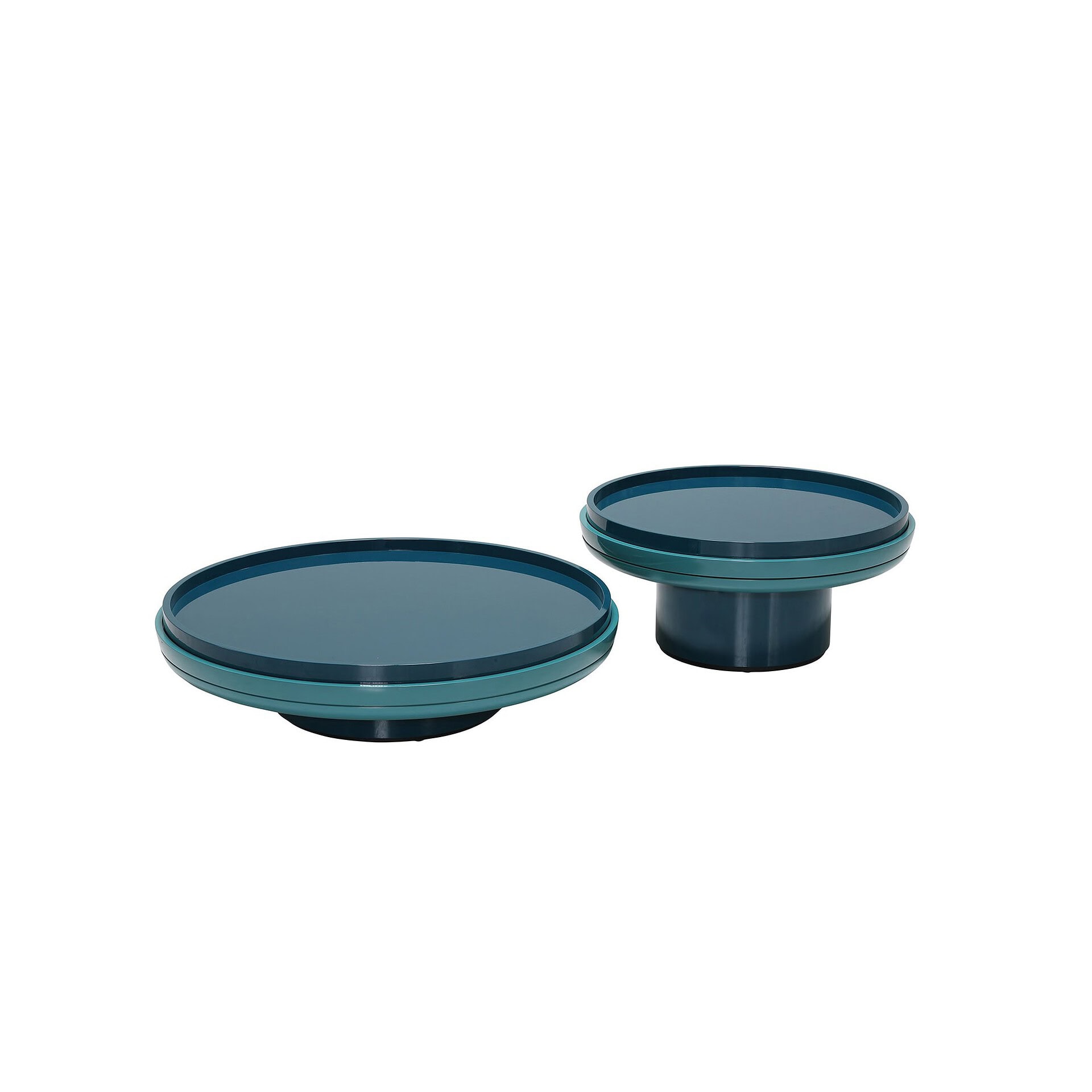 Digital render of Rondò Round Coffee Tables in dark blue lacquer finish.