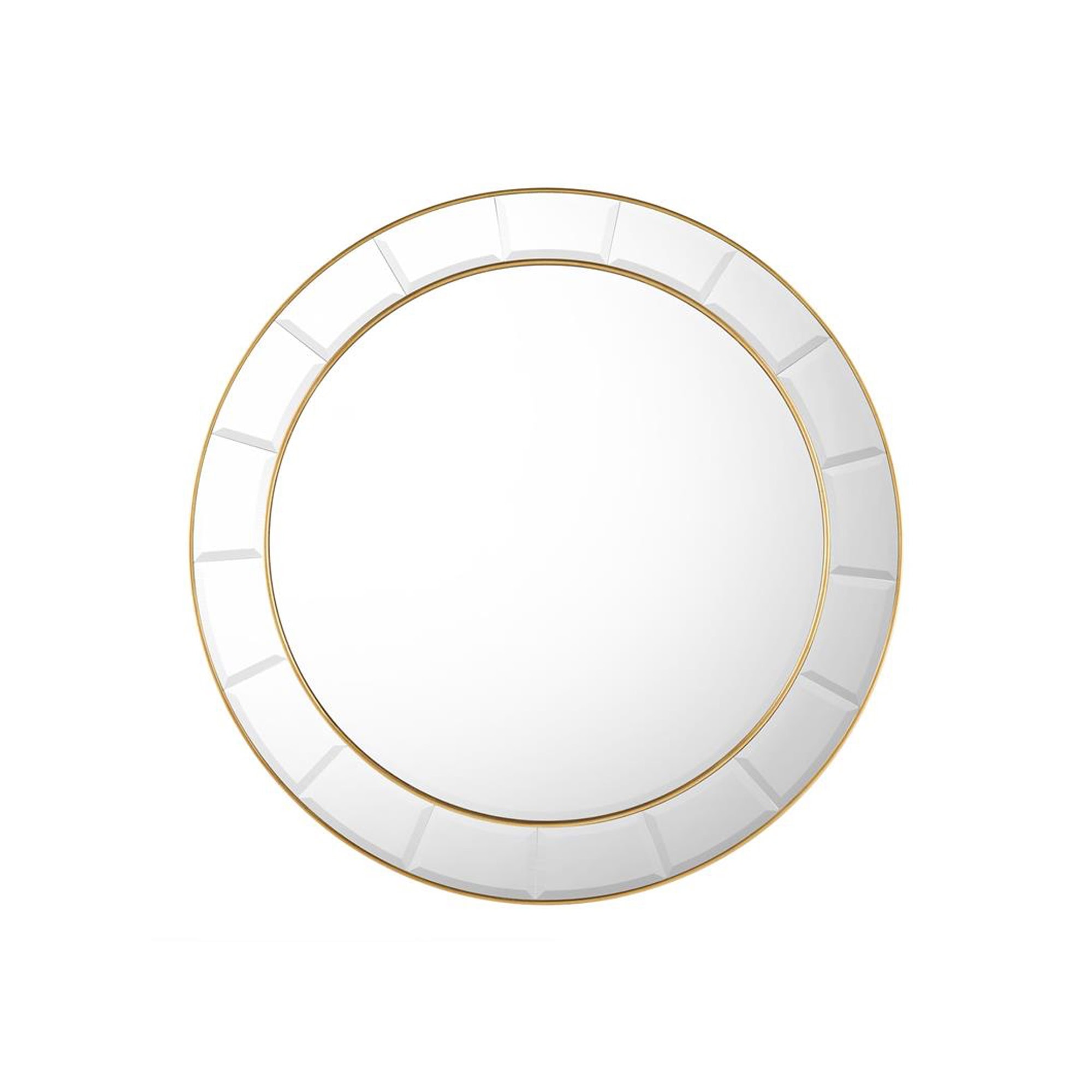 Discus Mirror in Gold Coast finish with a round beveled glass center and beech wood frame in a warm metallic gold tone.