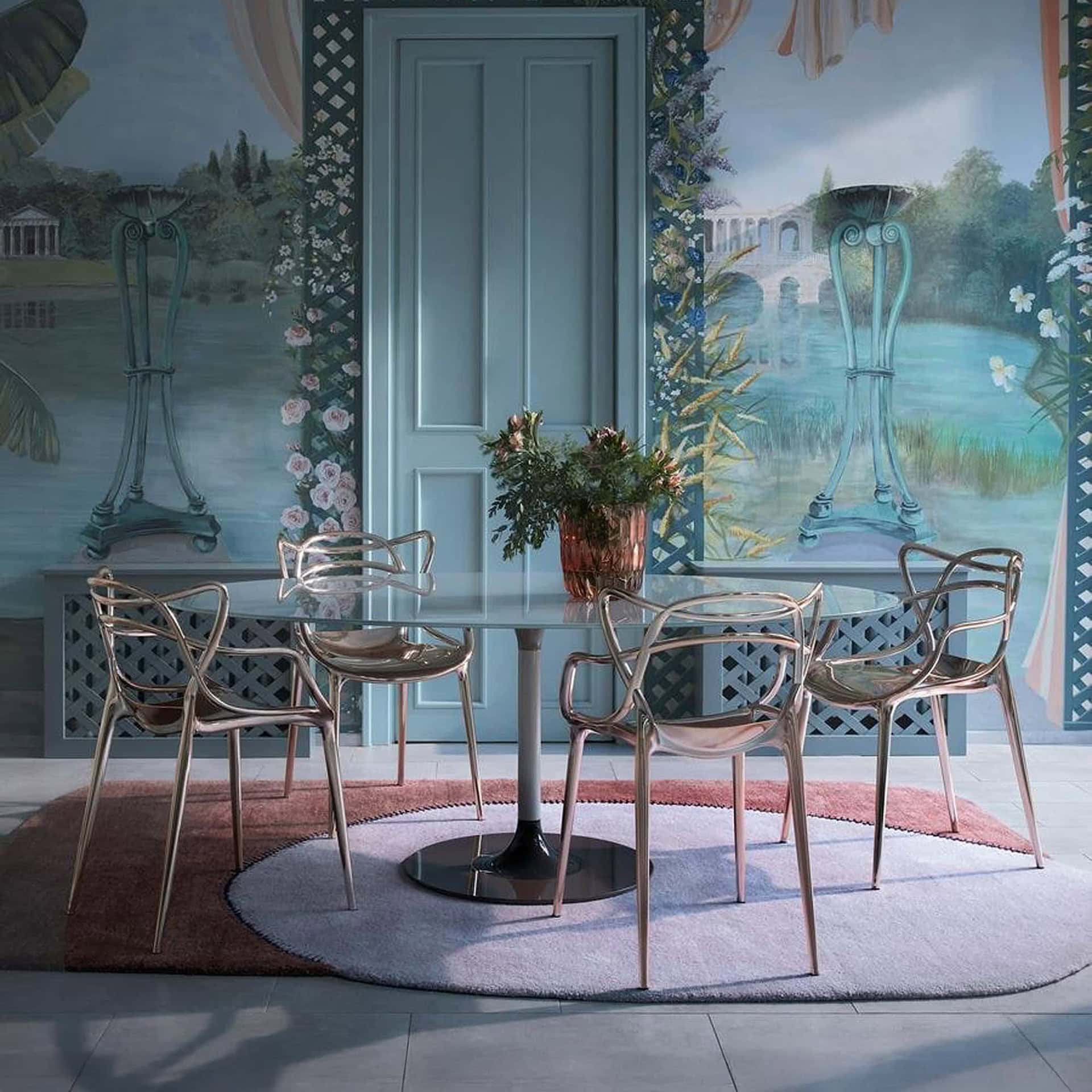 Gold Masters Metal Dining Chairs in an elegant indoor dining space with pastel decor.