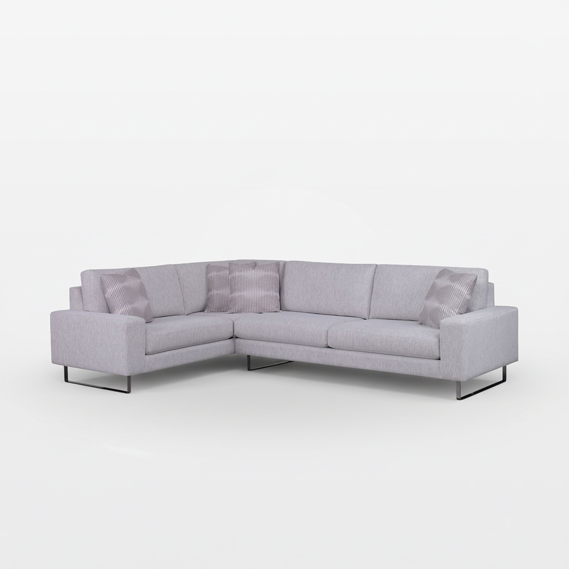 Modern Jesse sectional sofa with light gray upholstery and sleek black metal legs.