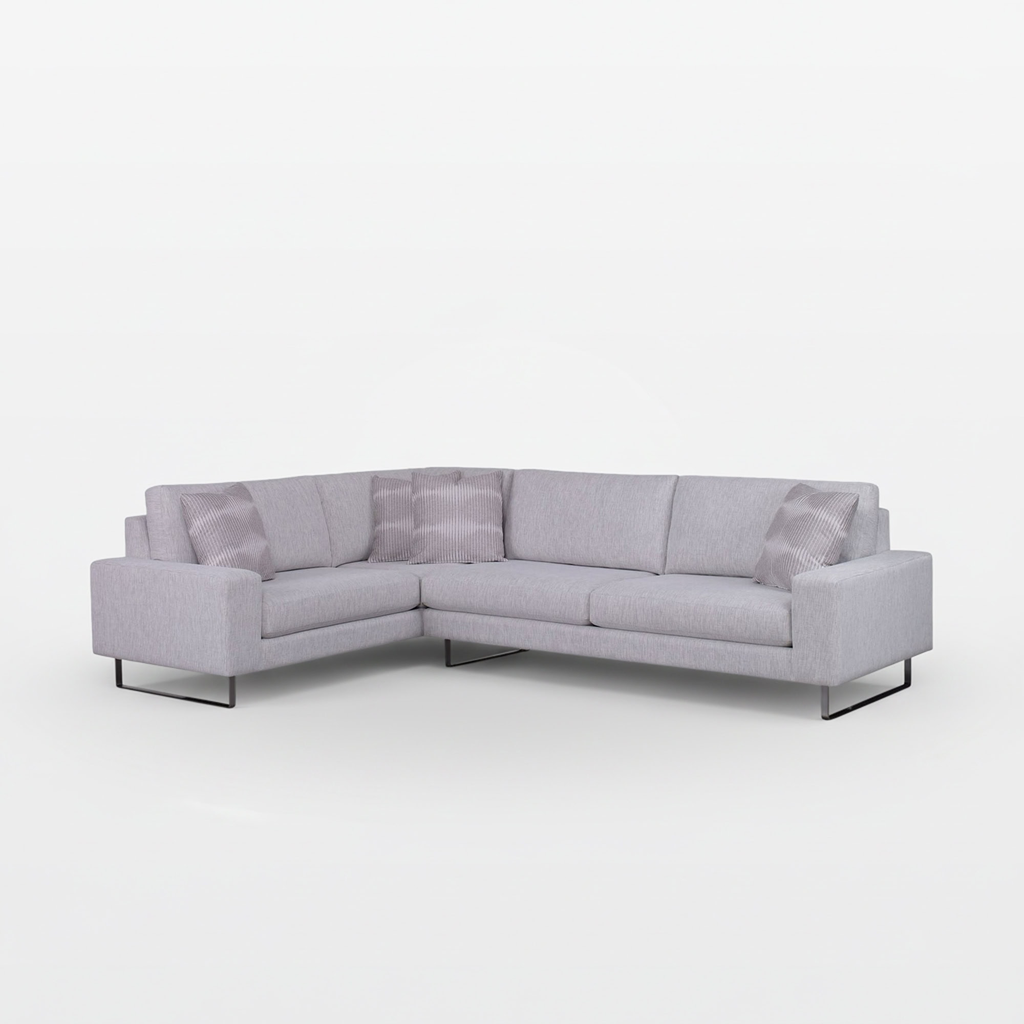 Modern Jesse sectional sofa with light gray upholstery and sleek black metal legs.