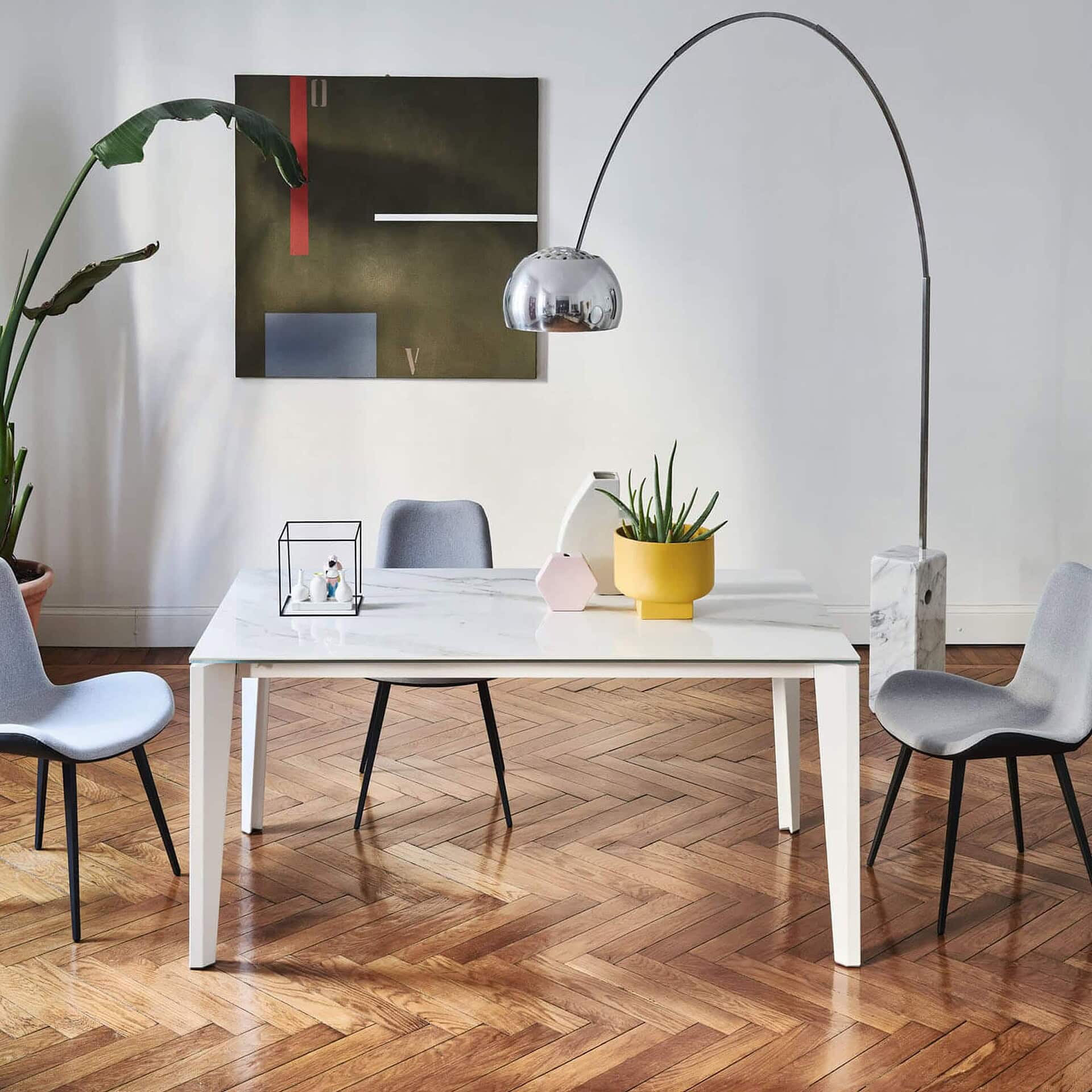 Diamond Extendable Dining Table in a styled dining room with neutral tones and minimalist décor.