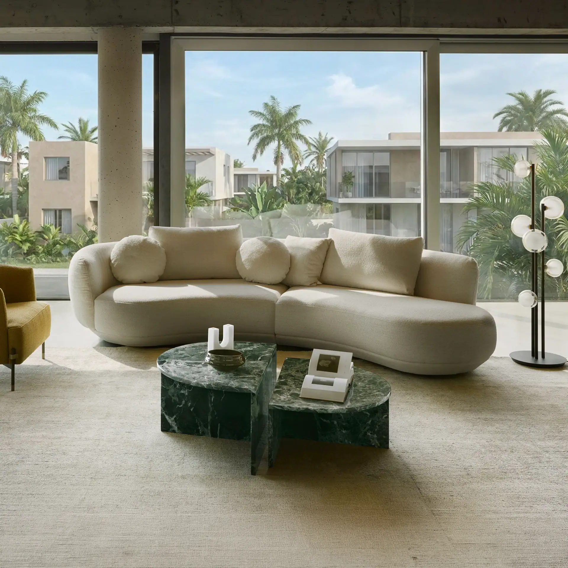 Amalfi Modular Curved Sofa in contemporary living space with panoramic windows