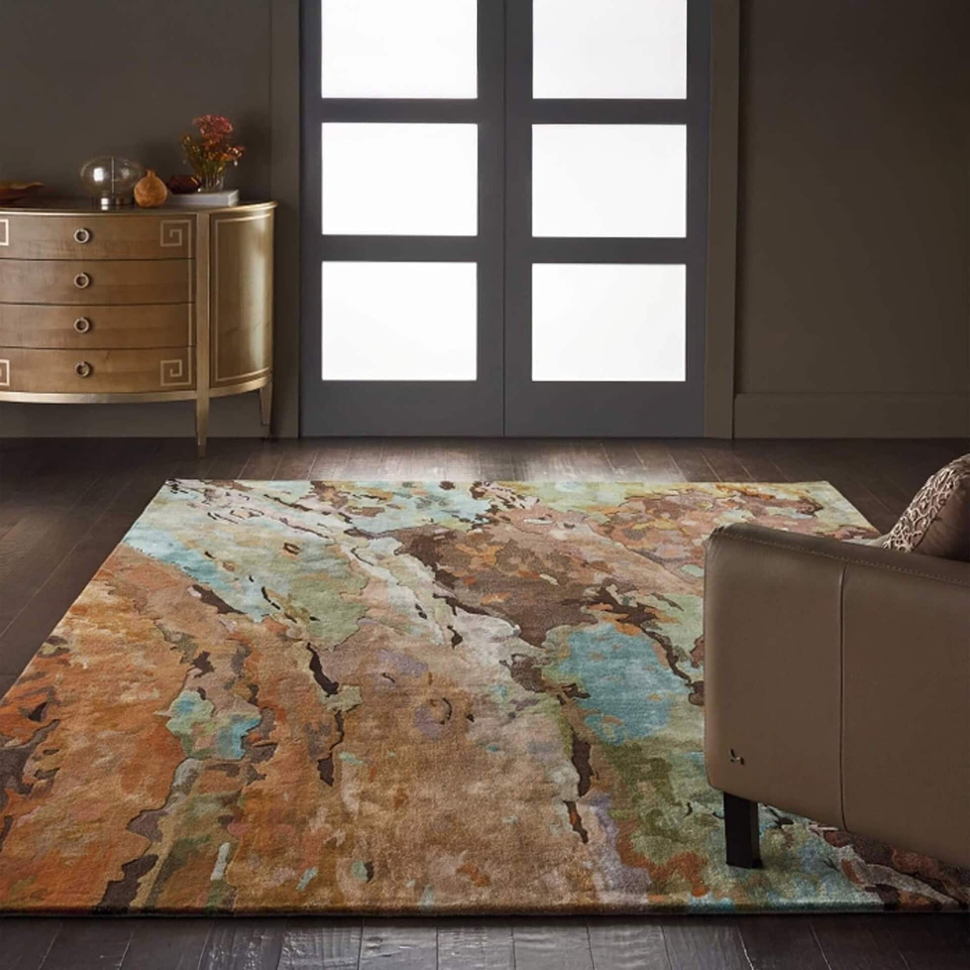 Prismatic PRS09 Multicolor Rug styled in a modern living room with large windows and neutral furniture.