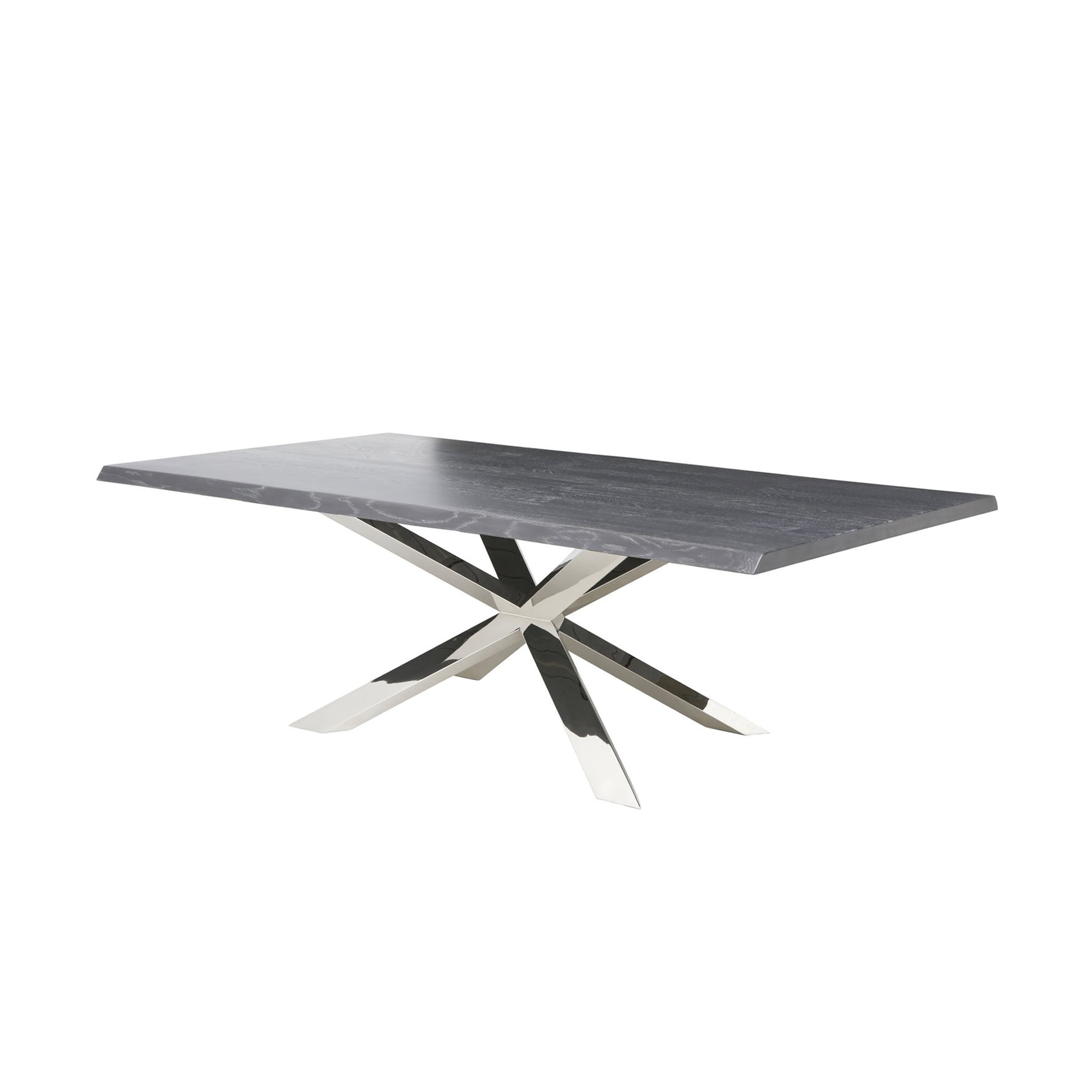 Nuevo Couture Dining Table with oxidized grey oak top and star-shaped steel base.