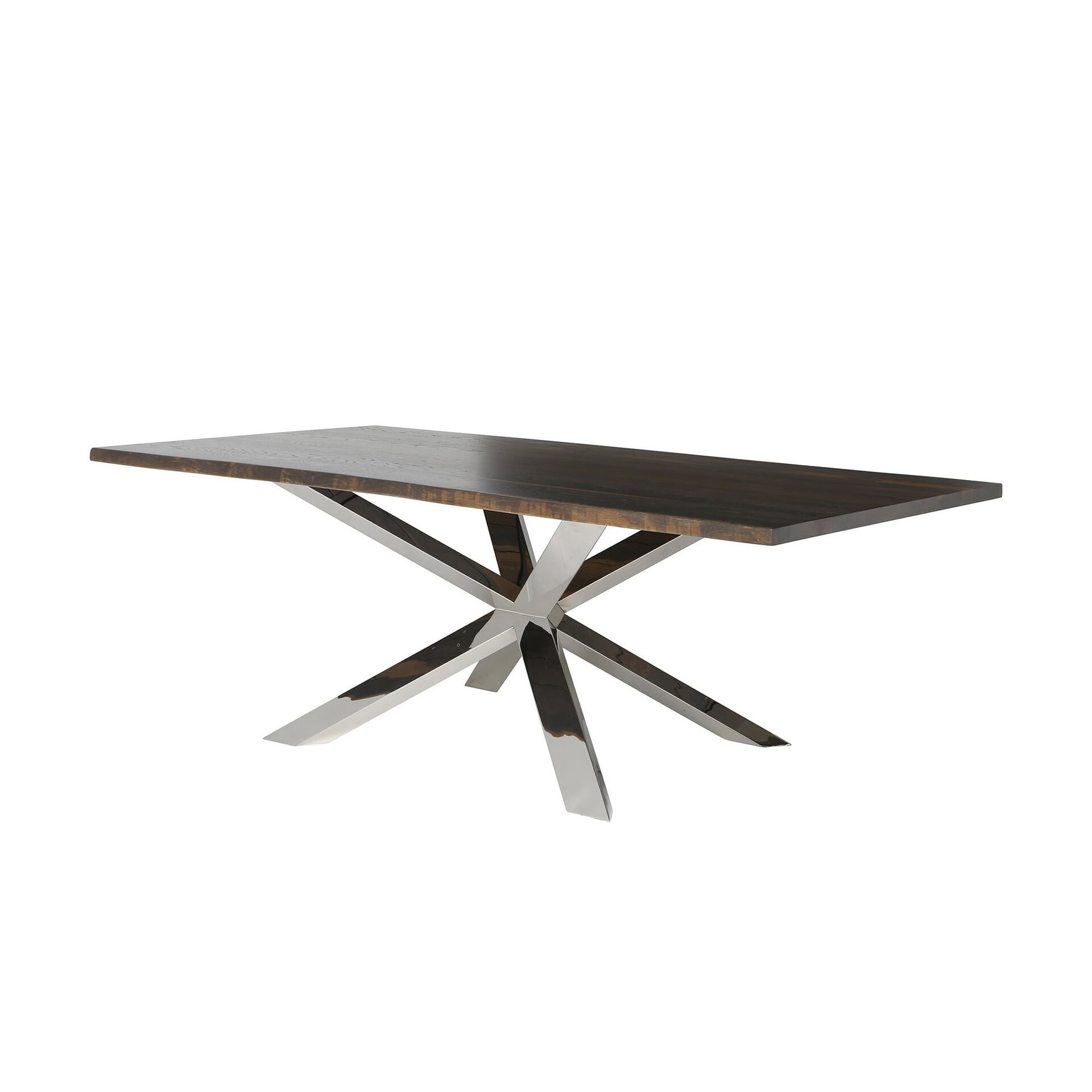 Nuevo Couture Dining Table with seared oak top and brushed gold star-shaped base.
