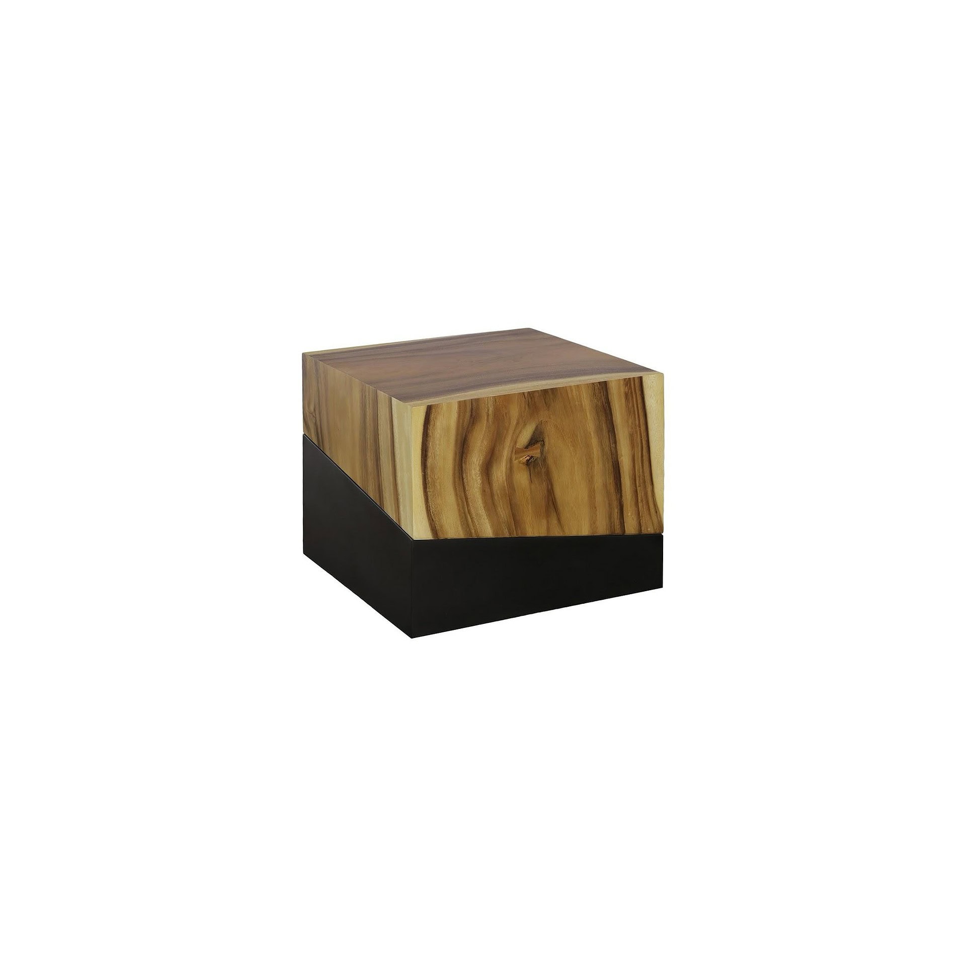 Geometry Side Table in natural chamcha wood with black base, angled view.