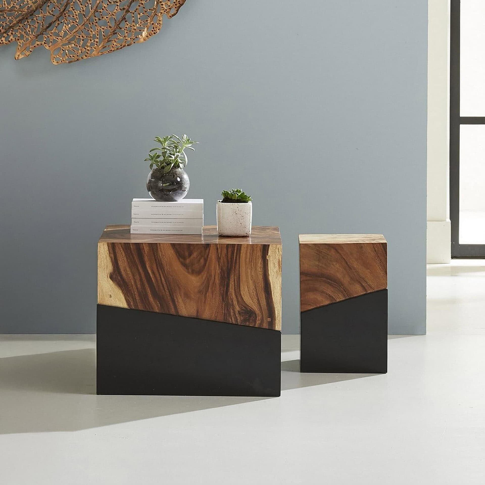 Pair of Geometry Side Tables in natural finish styled in a modern living room.