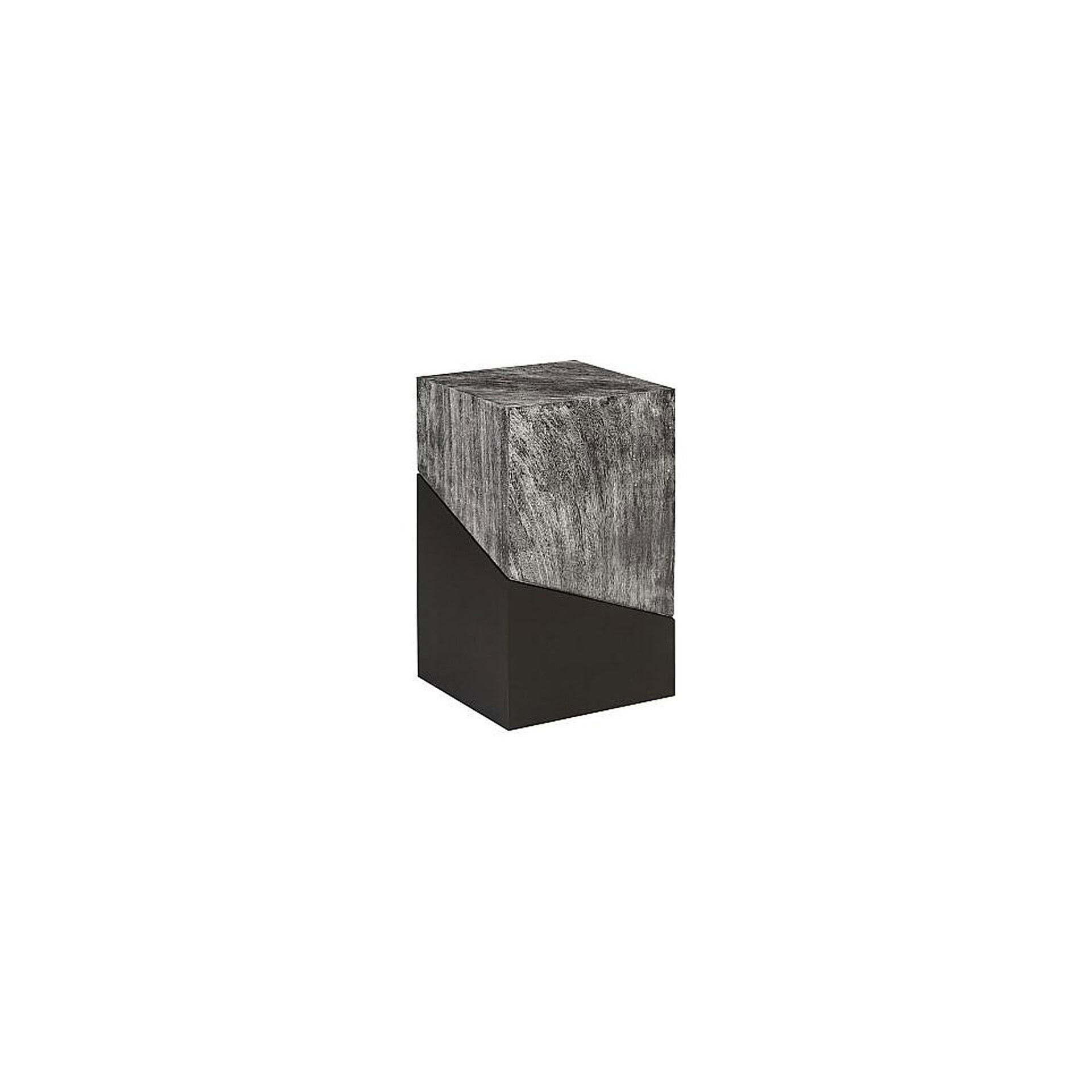Geometry Side Table in gray stone finish with black base, vertical profile view.