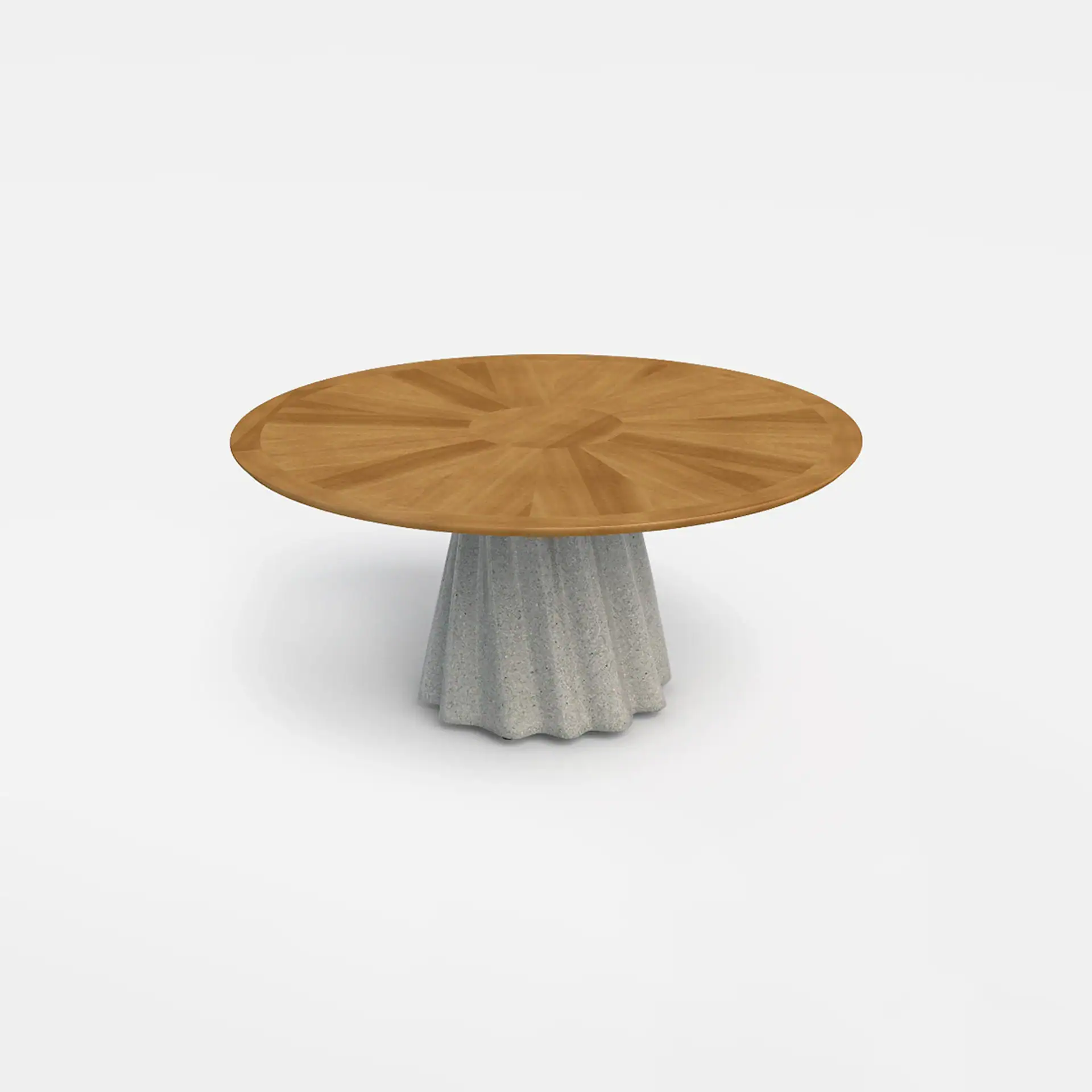 A round wooden table with a sunburst pattern top and a fluted, textured gray concrete pedestal base, against a white background.