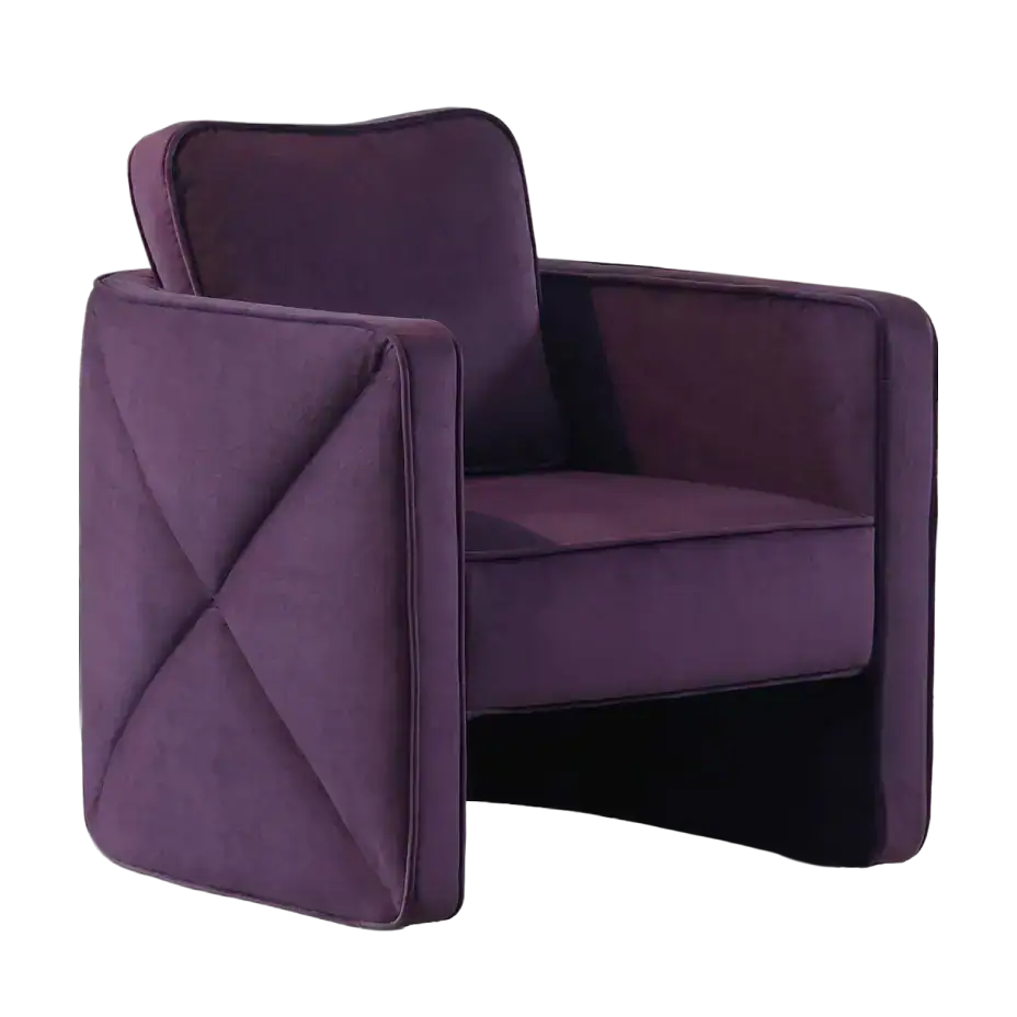 Stylish purple armchair with plush velvet upholstery and contemporary design.
