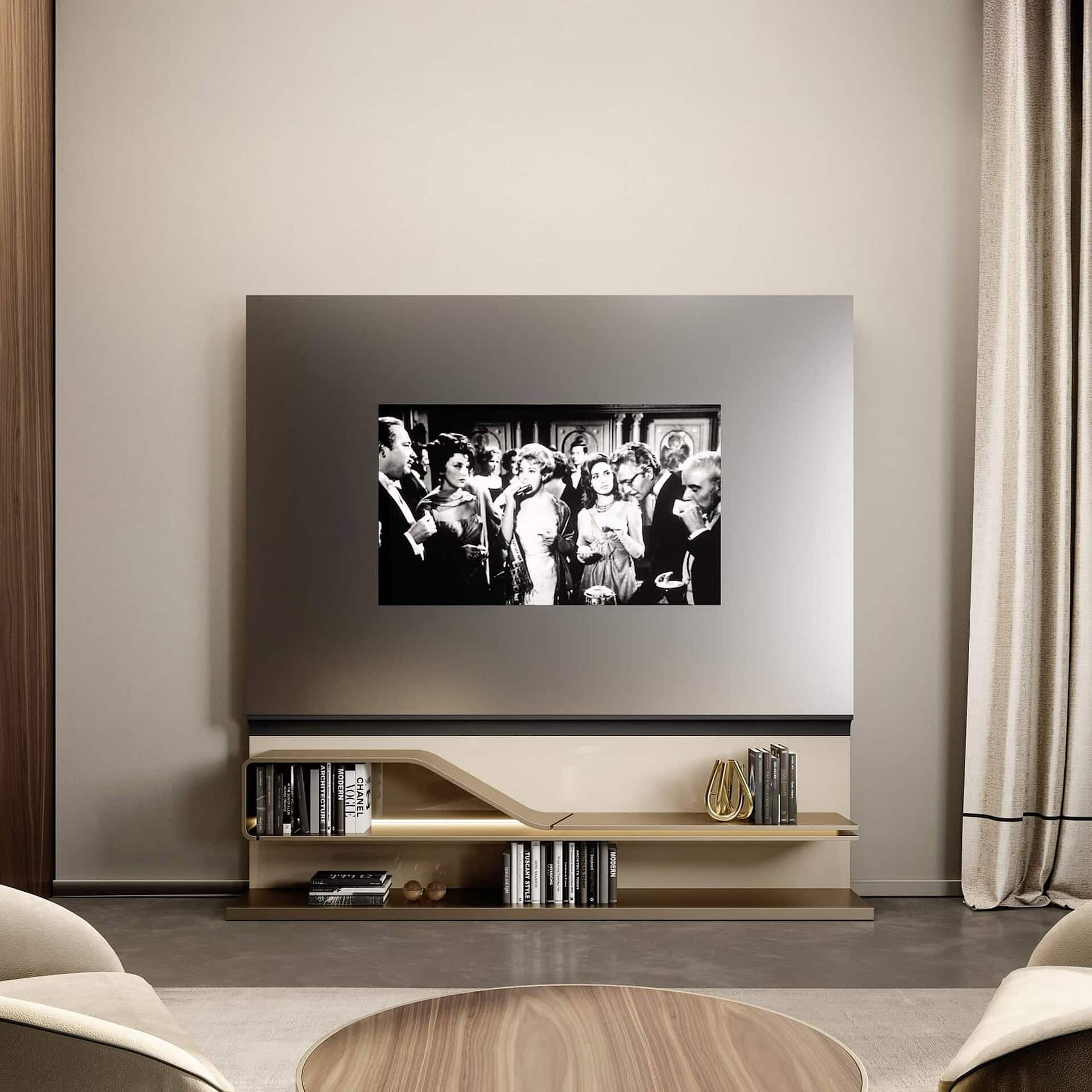 Movie Special TV Unit in living room interior with mirrored Supersilver surface and wooden frame