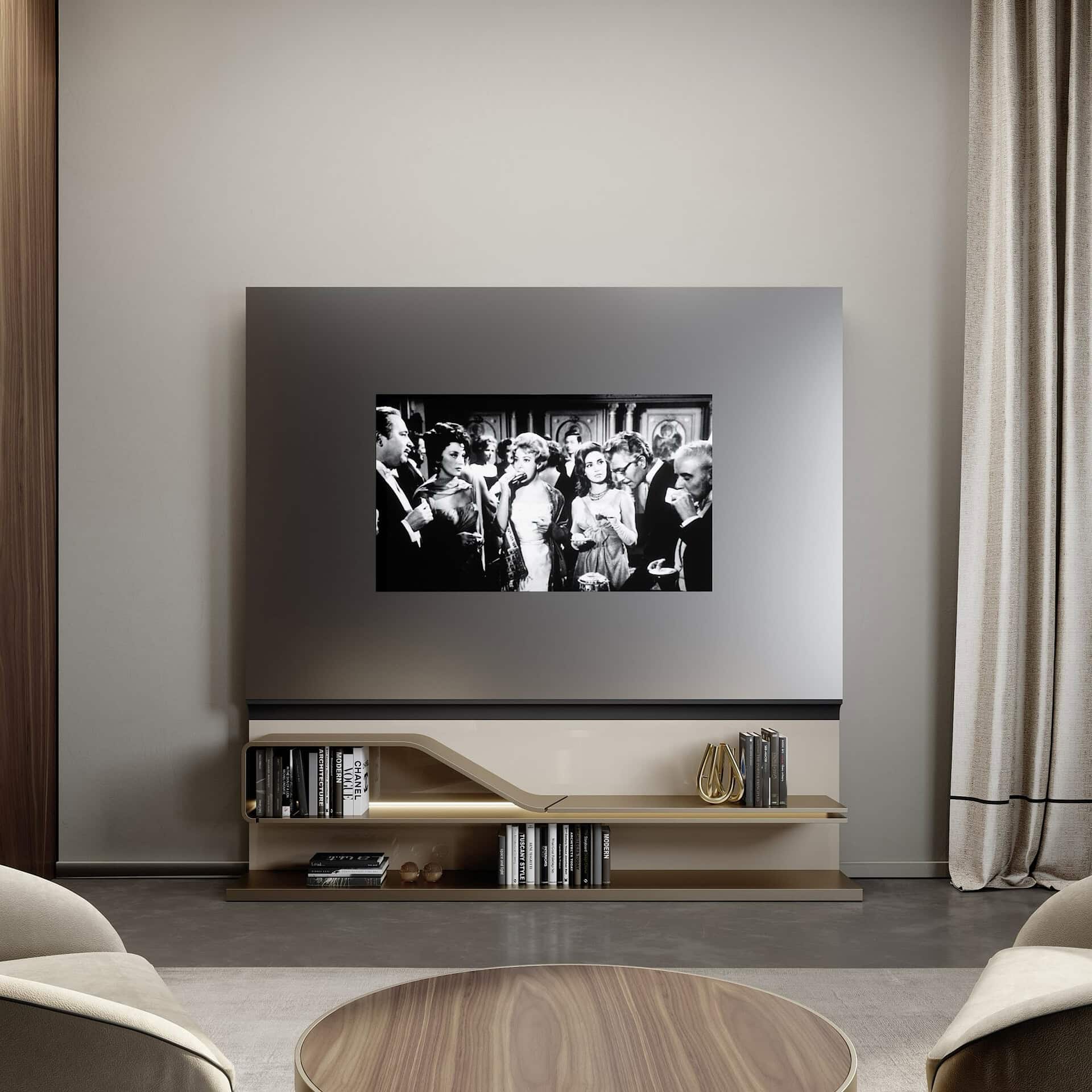 Movie Special TV Unit in living room interior with mirrored Supersilver surface and wooden frame
