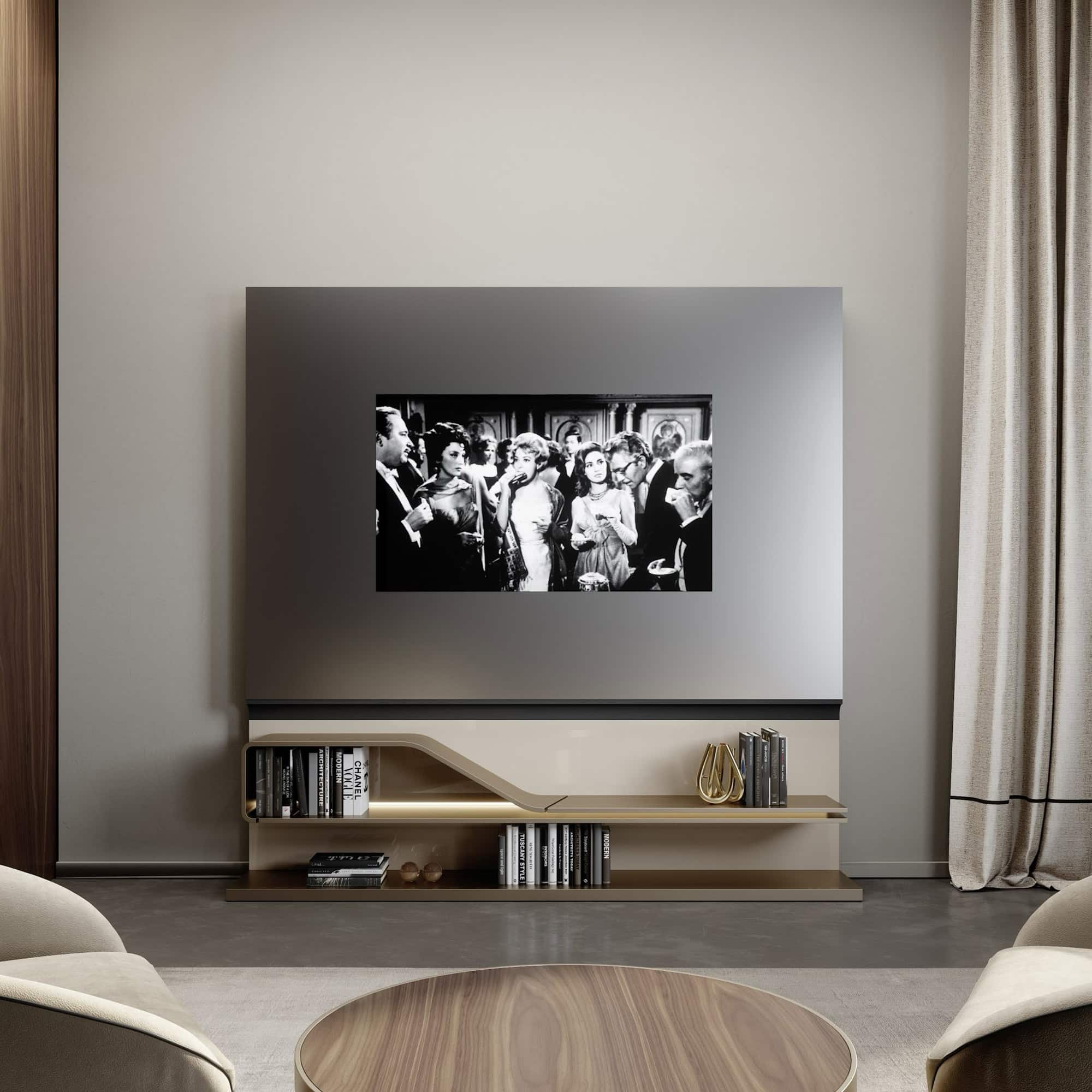 Movie Special TV Unit in living room interior with mirrored Supersilver surface and wooden frame