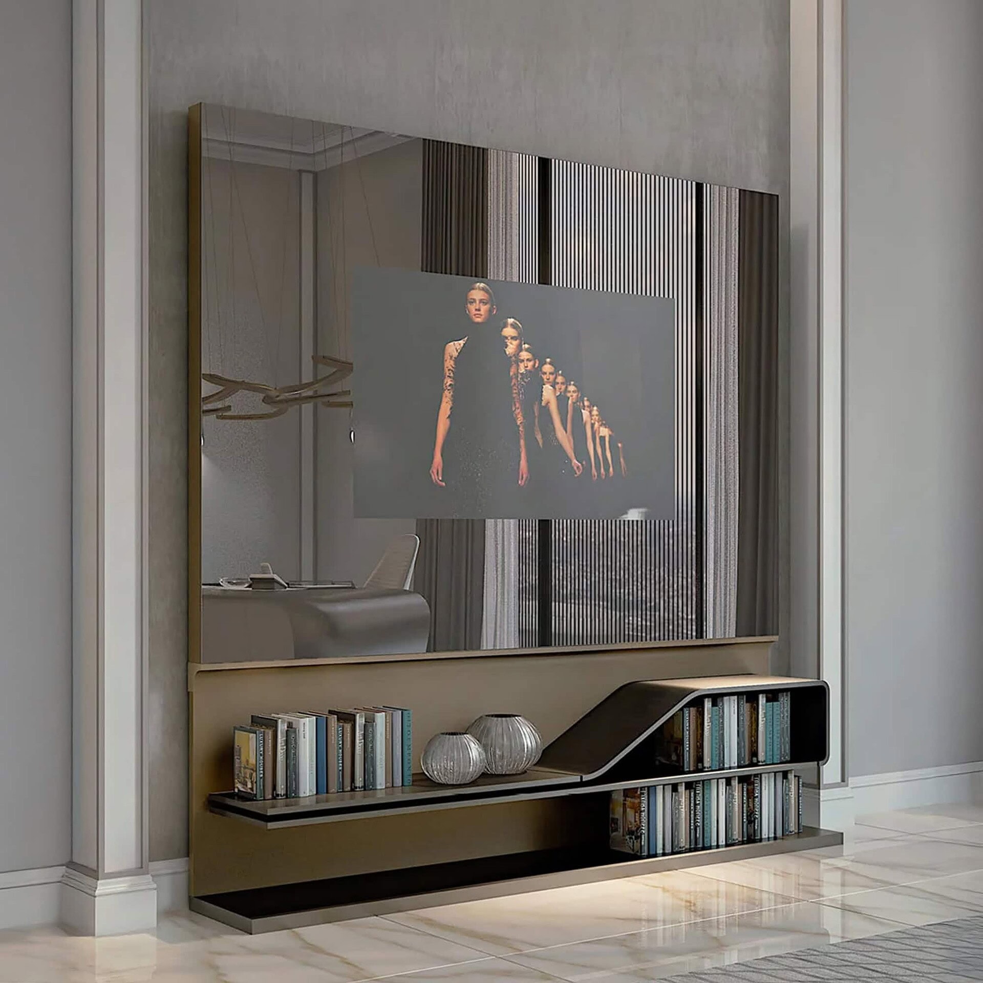 Movie Special TV Unit with integrated TV screen and matt lacquered wood frame