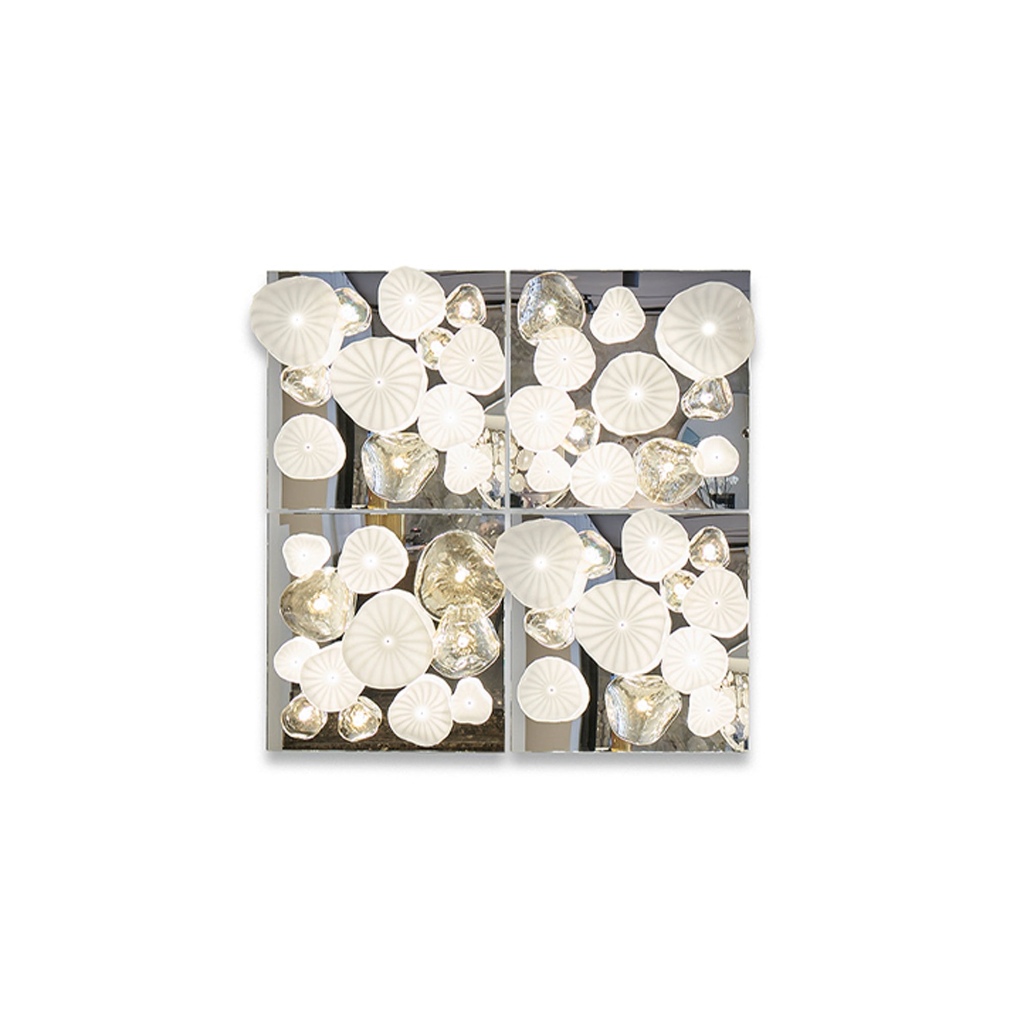 Ninfee Decorative Lighting Module with mirrored glass panel and white Murano glass flowers.